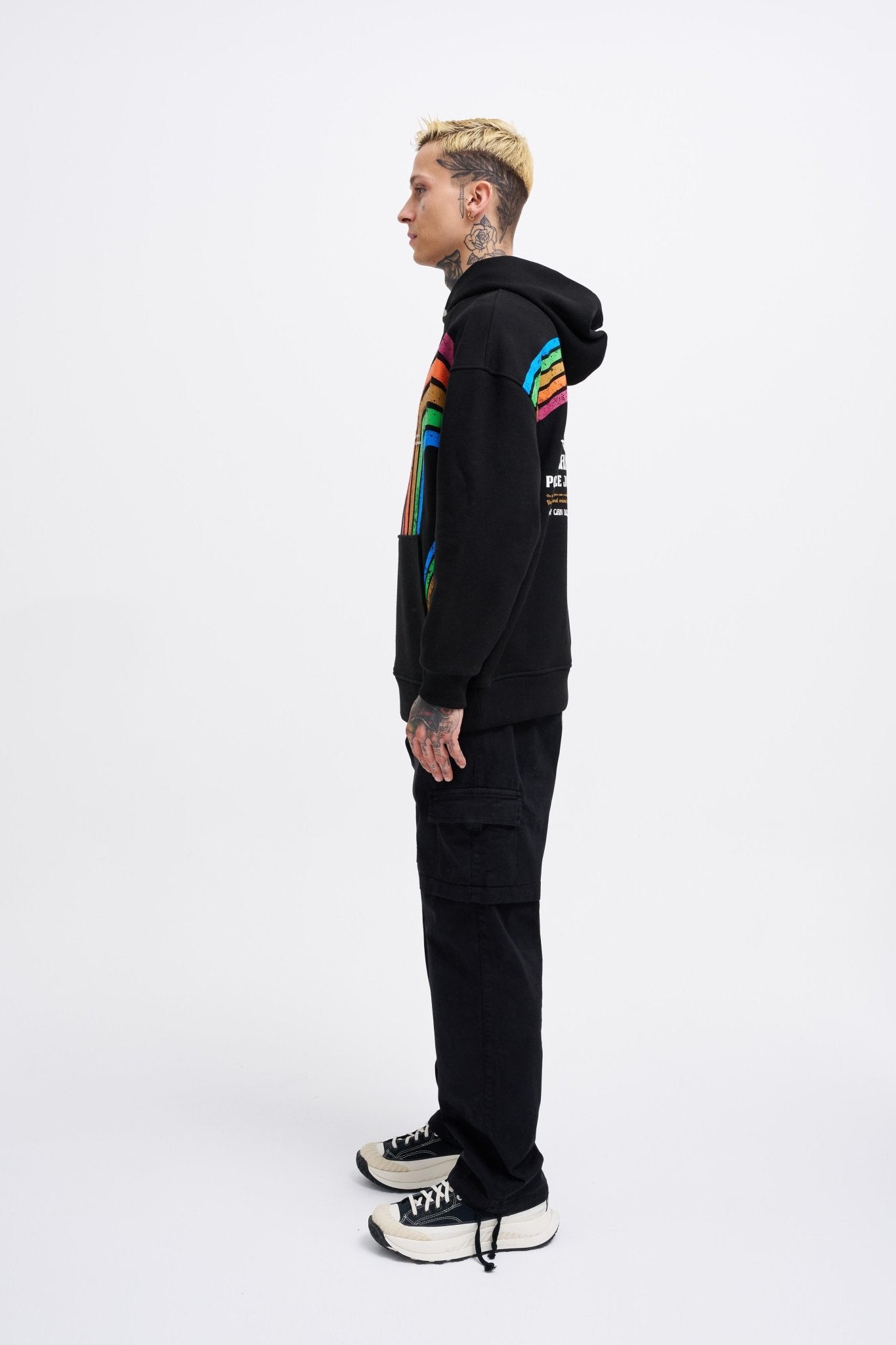Erkek Rainbow Printed Kapüşonlu Sweatshirt Siyah