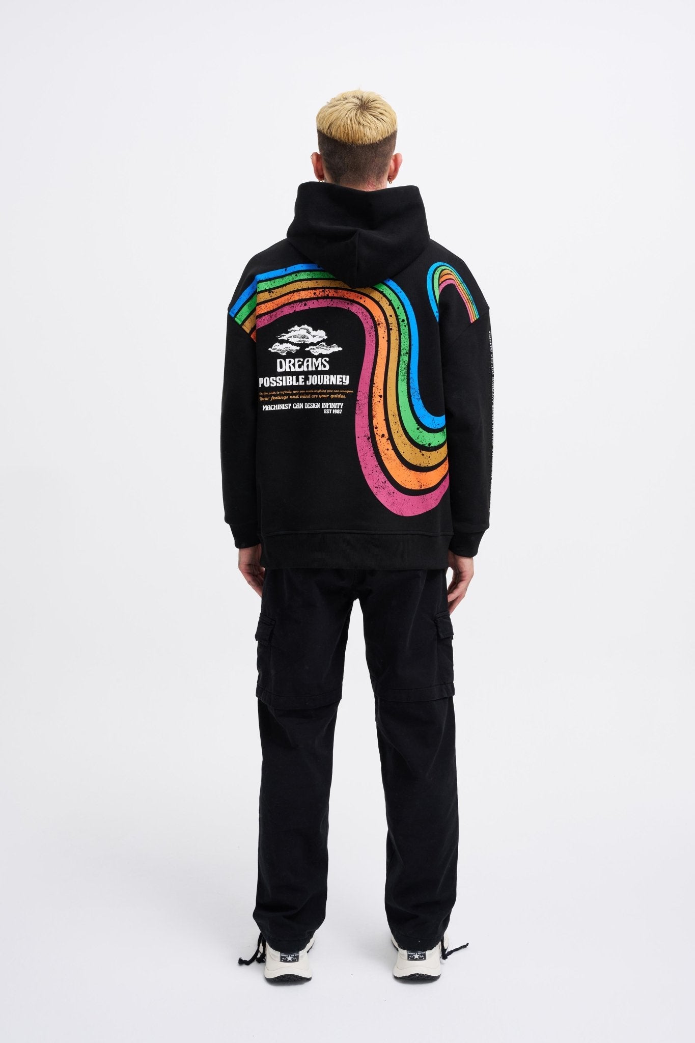 Erkek Rainbow Printed Kapüşonlu Sweatshirt Siyah