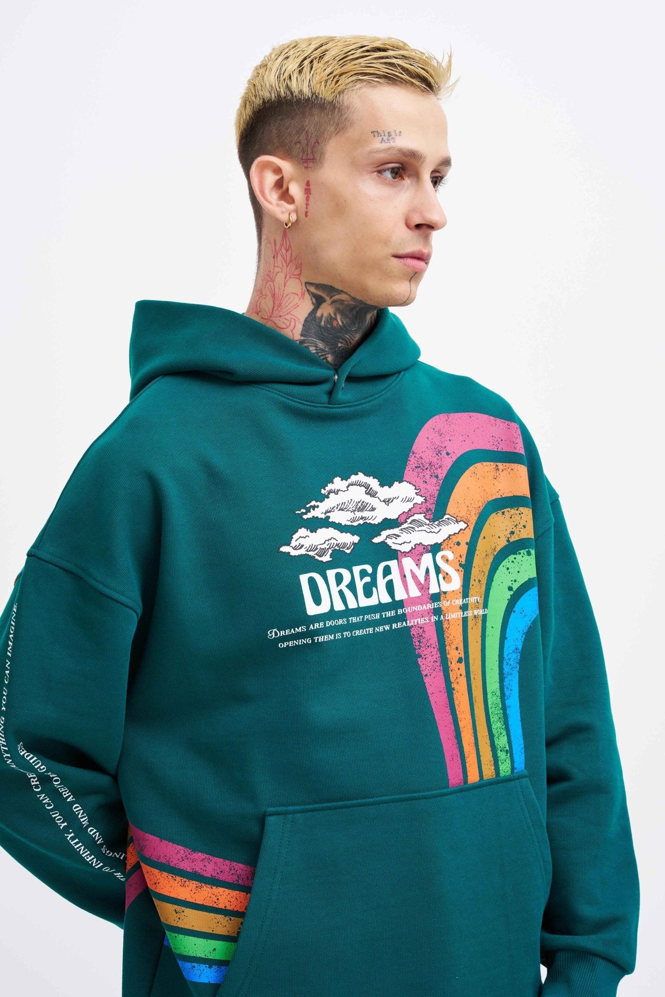 Erkek Rainbow Printed Kapüşonlu Sweatshirt Yağ Yeşili