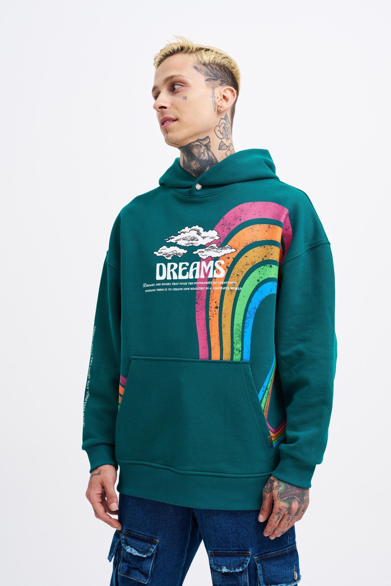 Erkek Rainbow Printed Kapüşonlu Sweatshirt Yağ Yeşili