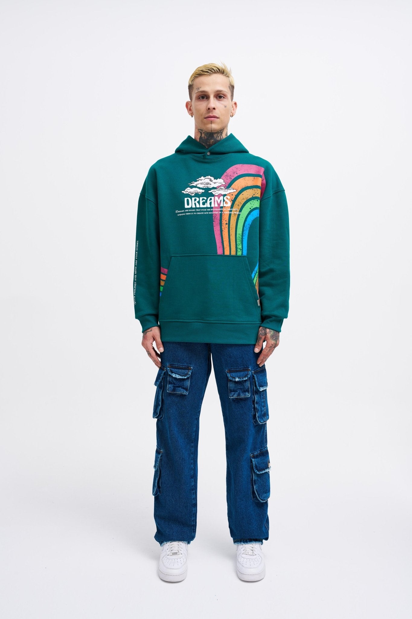 Erkek Rainbow Printed Kapüşonlu Sweatshirt Yağ Yeşili