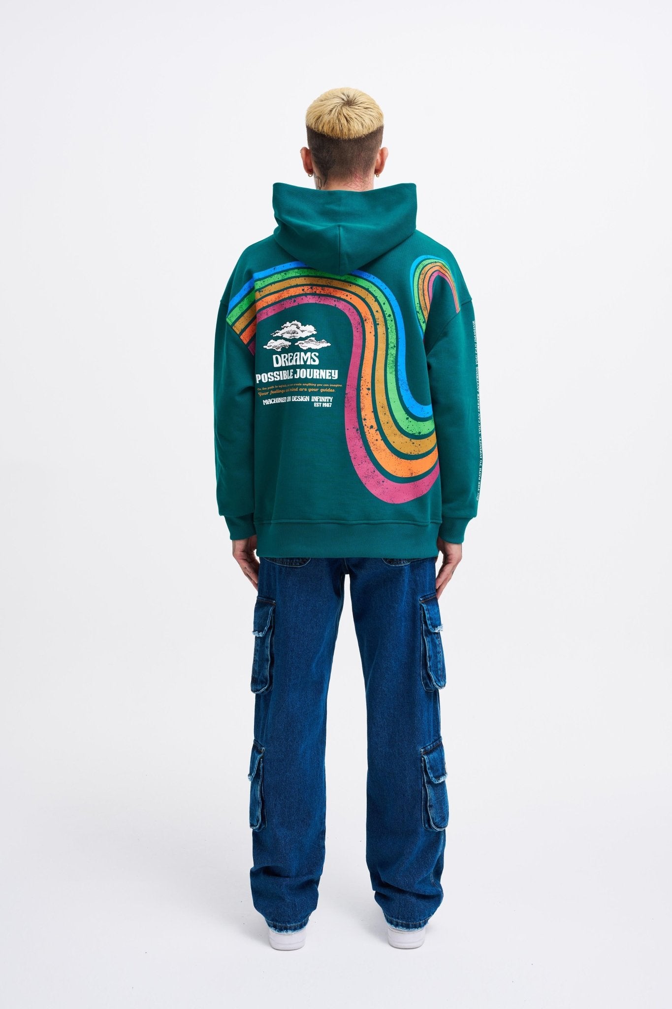Erkek Rainbow Printed Kapüşonlu Sweatshirt Yağ Yeşili