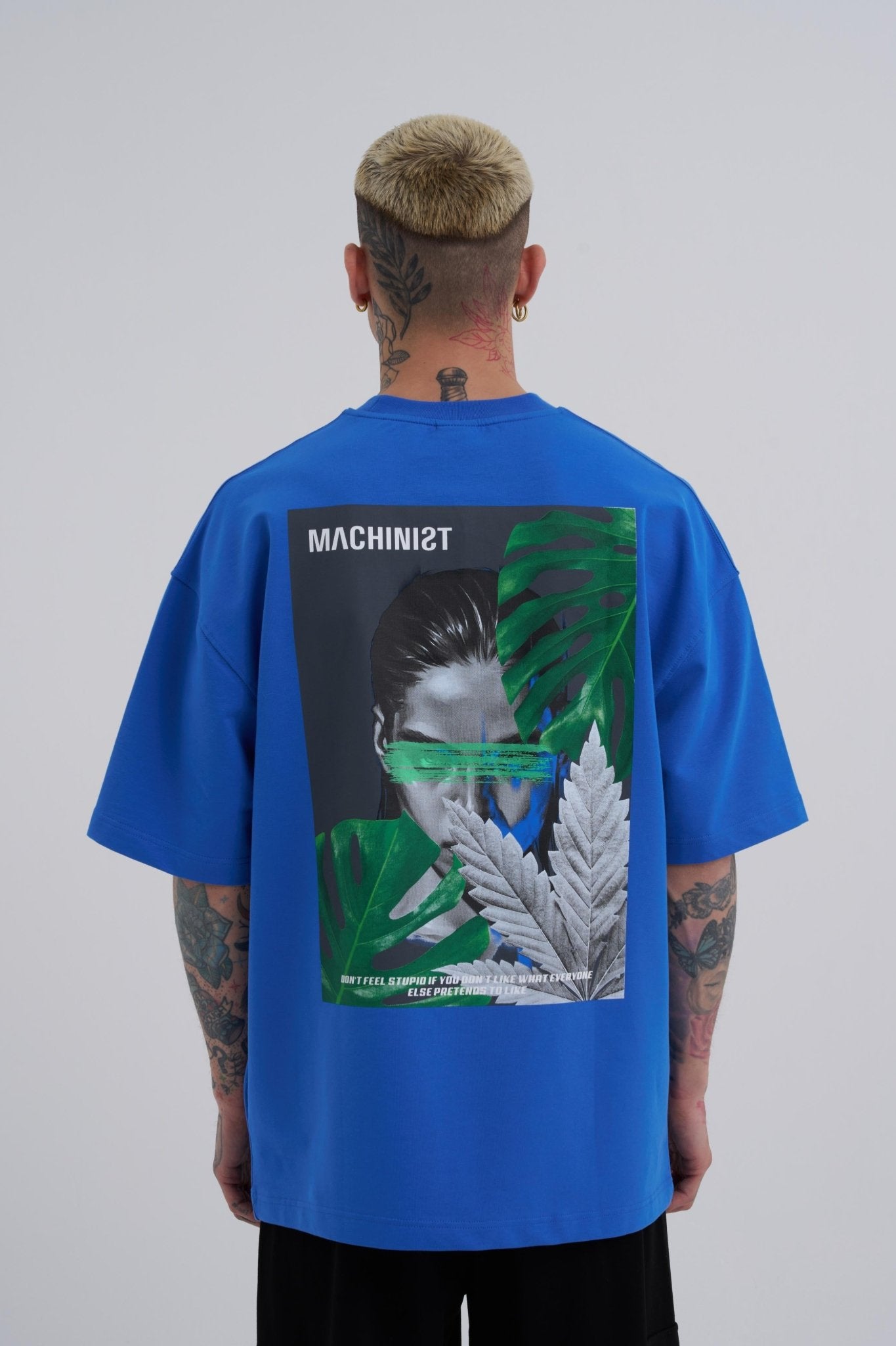 Erkek Reckless Leaves Baskılı Oversize Tişört Açık Mavi
