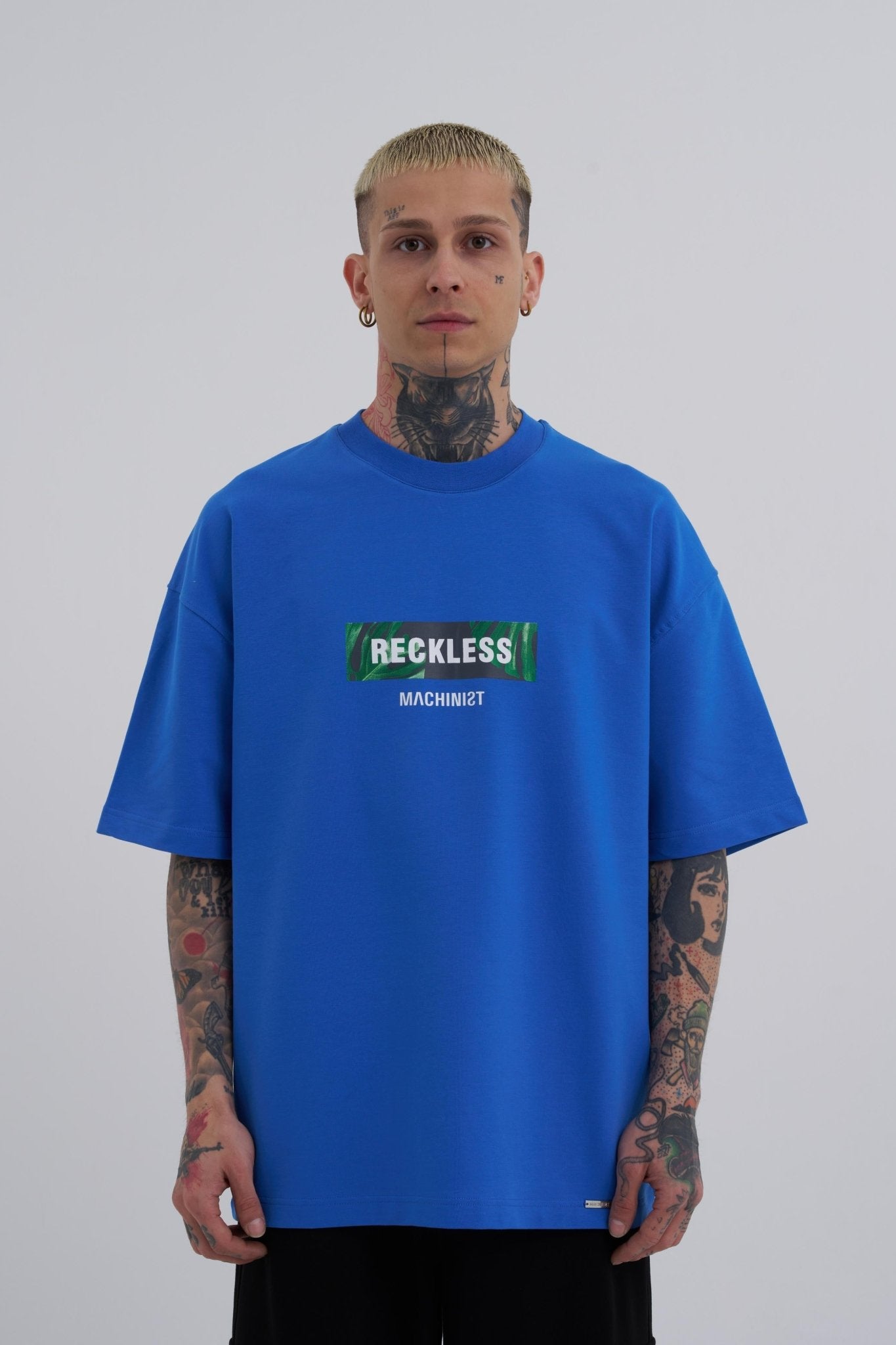 Erkek Reckless Leaves Baskılı Oversize Tişört Açık Mavi