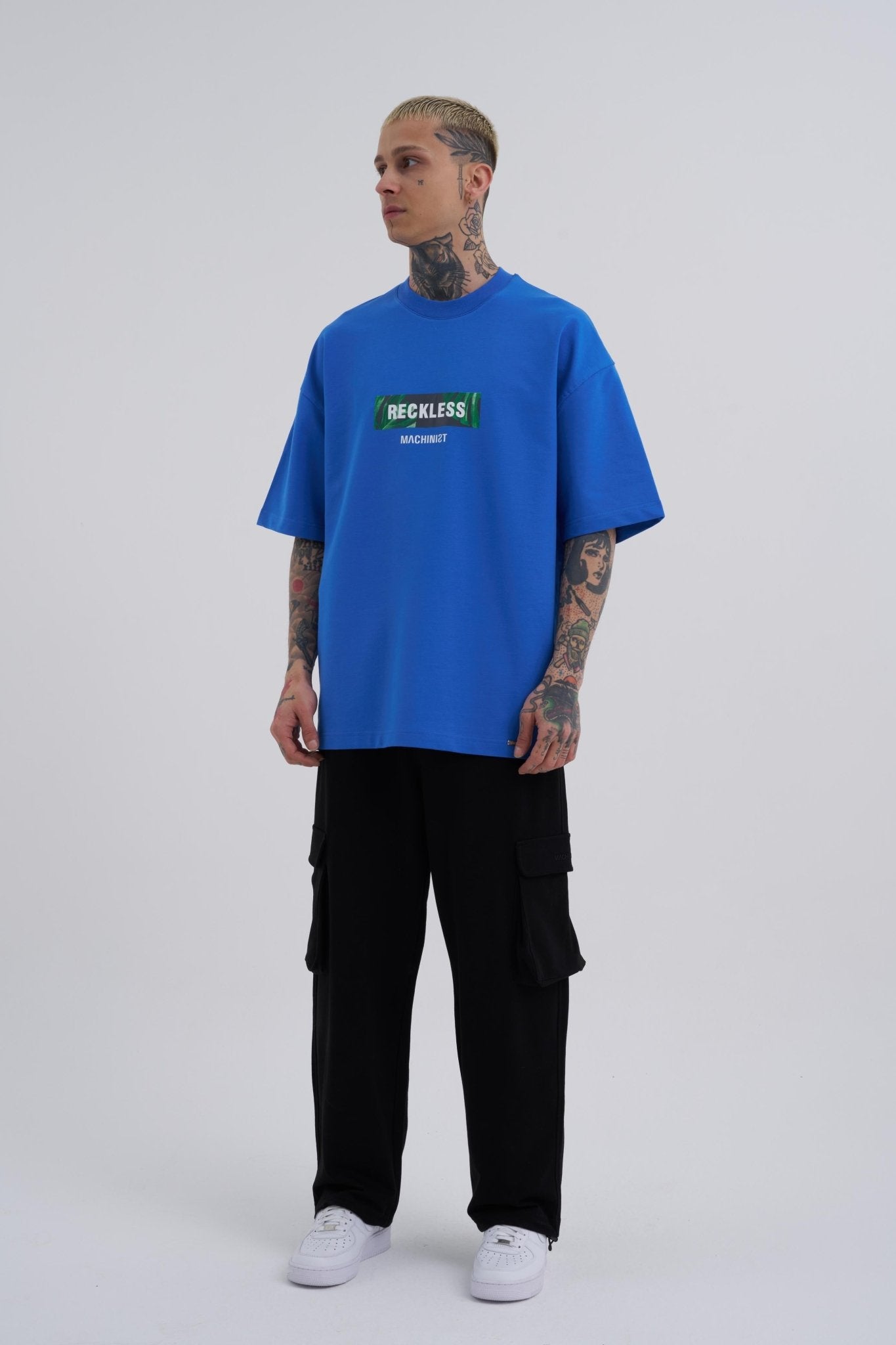 Erkek Reckless Leaves Baskılı Oversize Tişört Açık Mavi