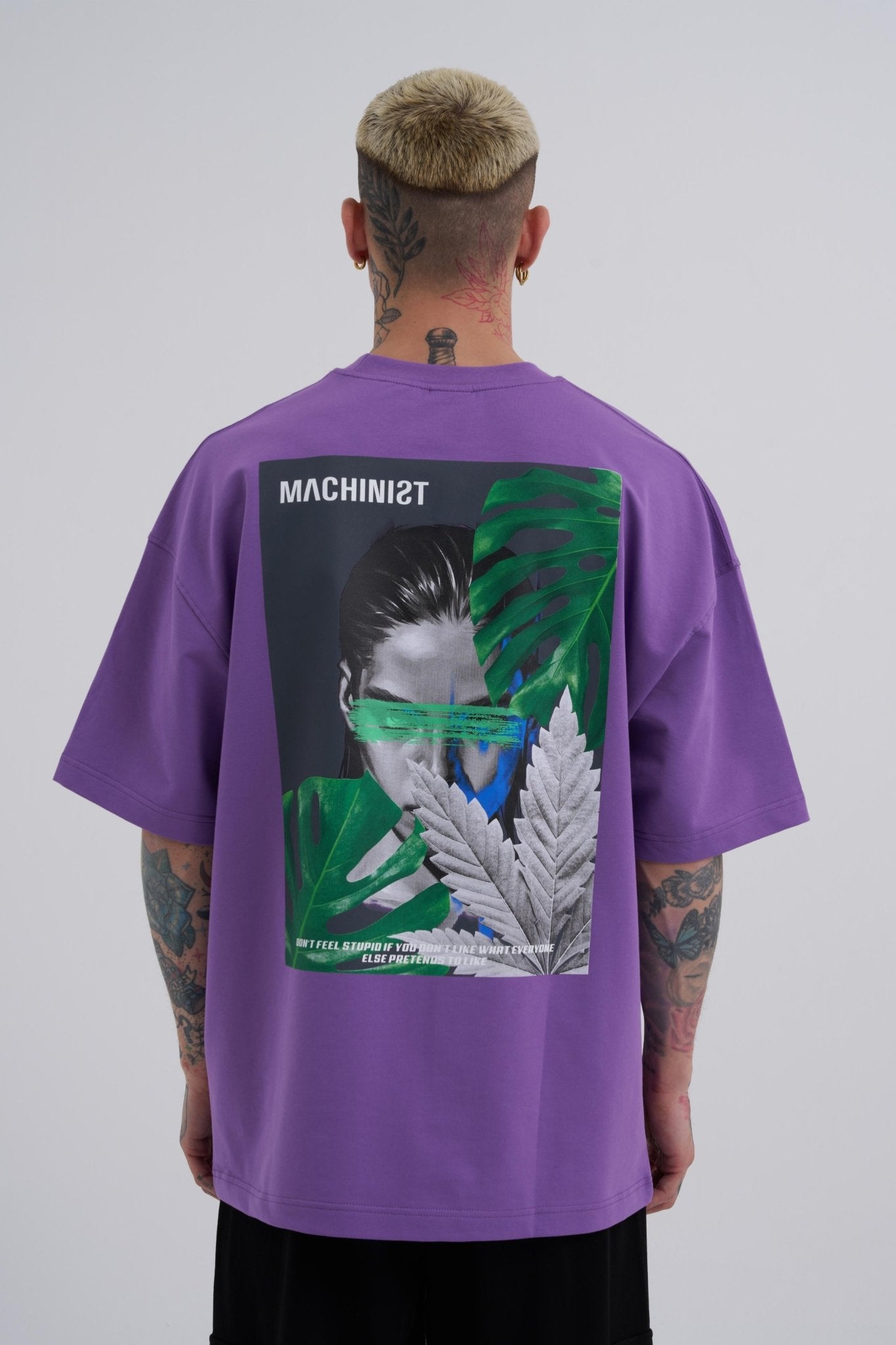 Erkek Reckless Leaves Baskılı Oversize Tişört Mor