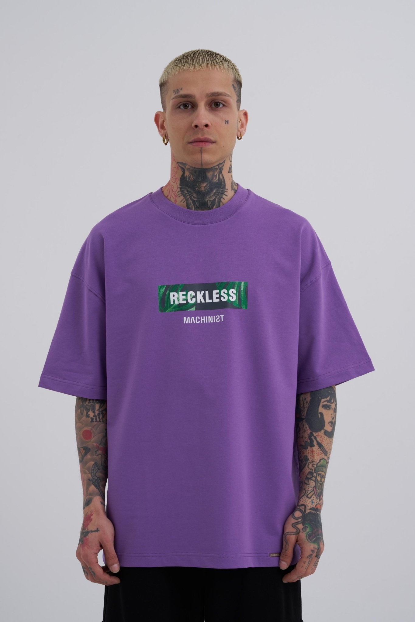 Erkek Reckless Leaves Baskılı Oversize Tişört Mor