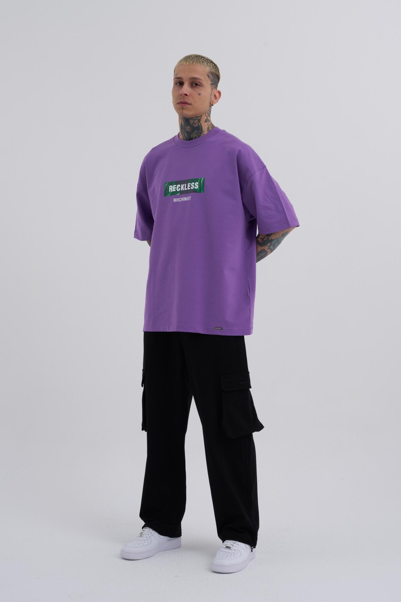 Erkek Reckless Leaves Baskılı Oversize Tişört Mor