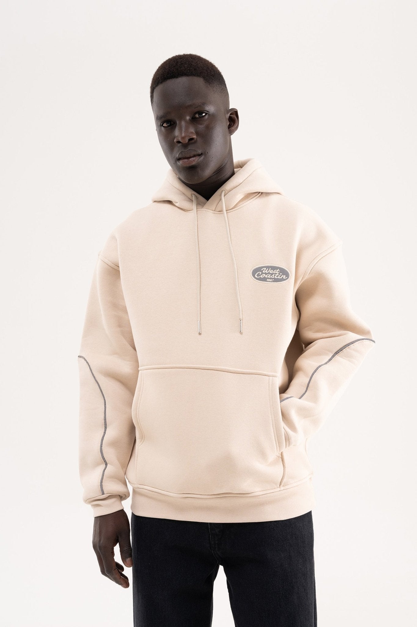 Erkek Reflektör Detaylı Kapüşonlu Sweatshirt Açık Bej