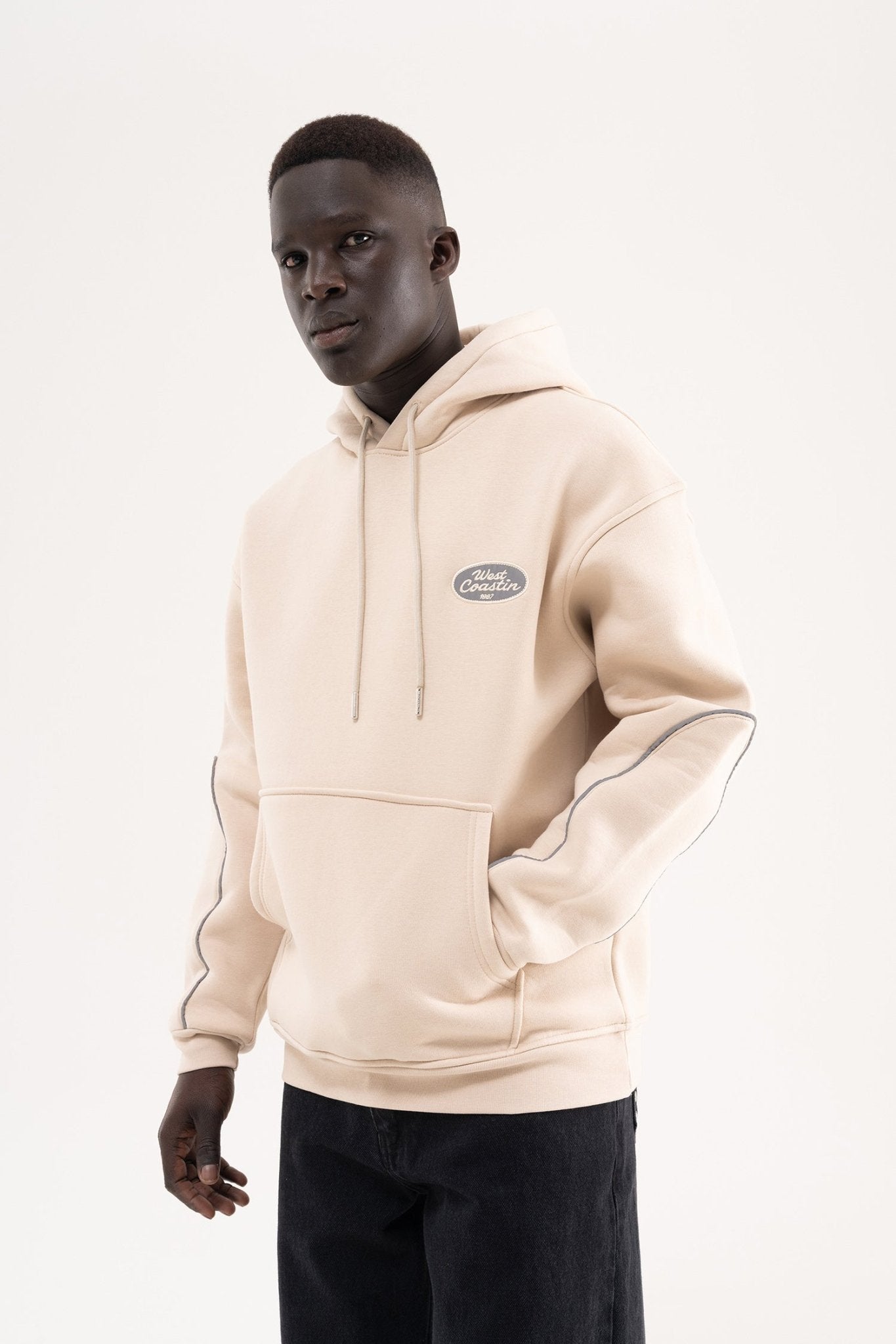 Erkek Reflektör Detaylı Kapüşonlu Sweatshirt Açık Bej