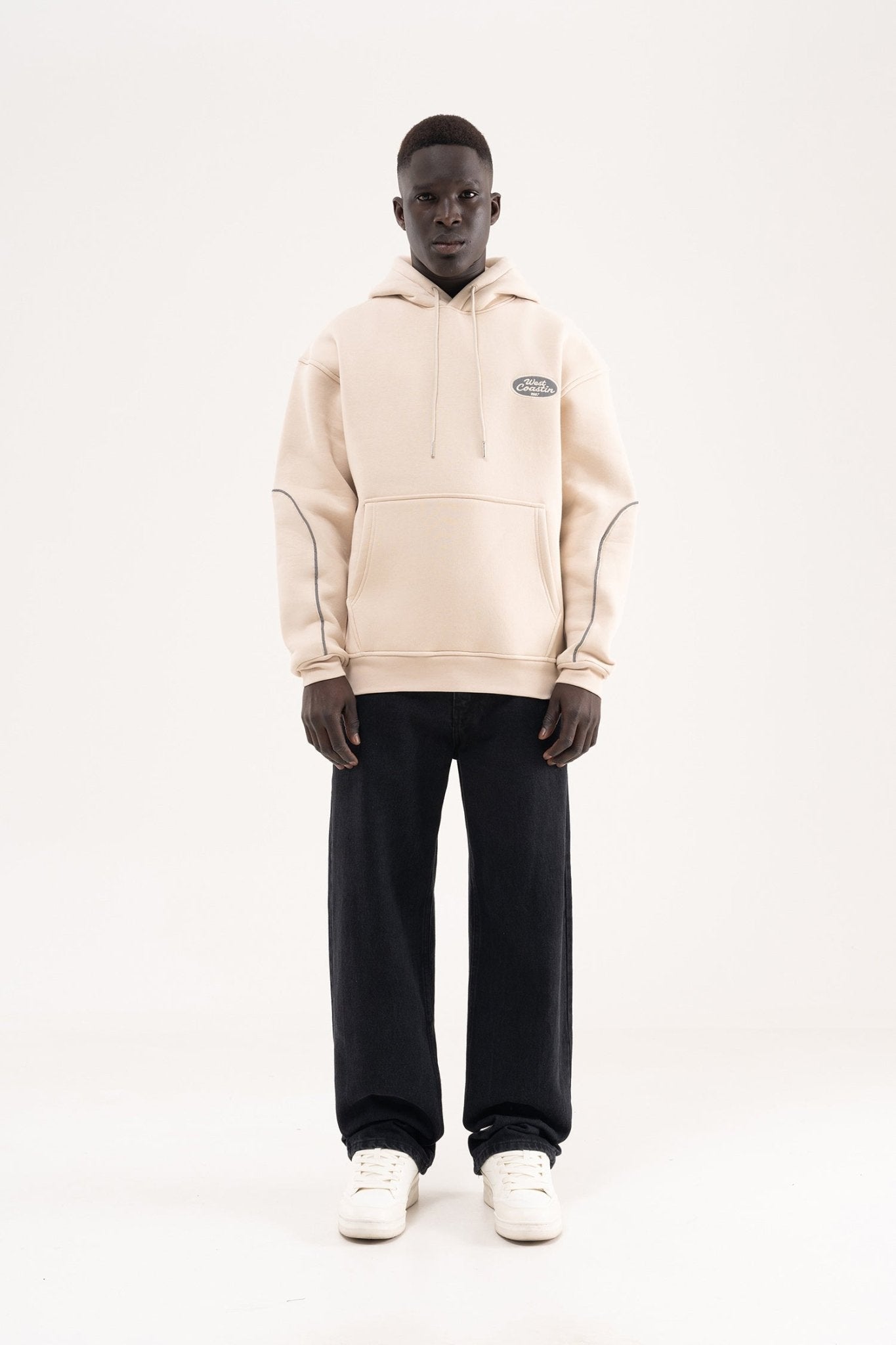 Erkek Reflektör Detaylı Kapüşonlu Sweatshirt Açık Bej