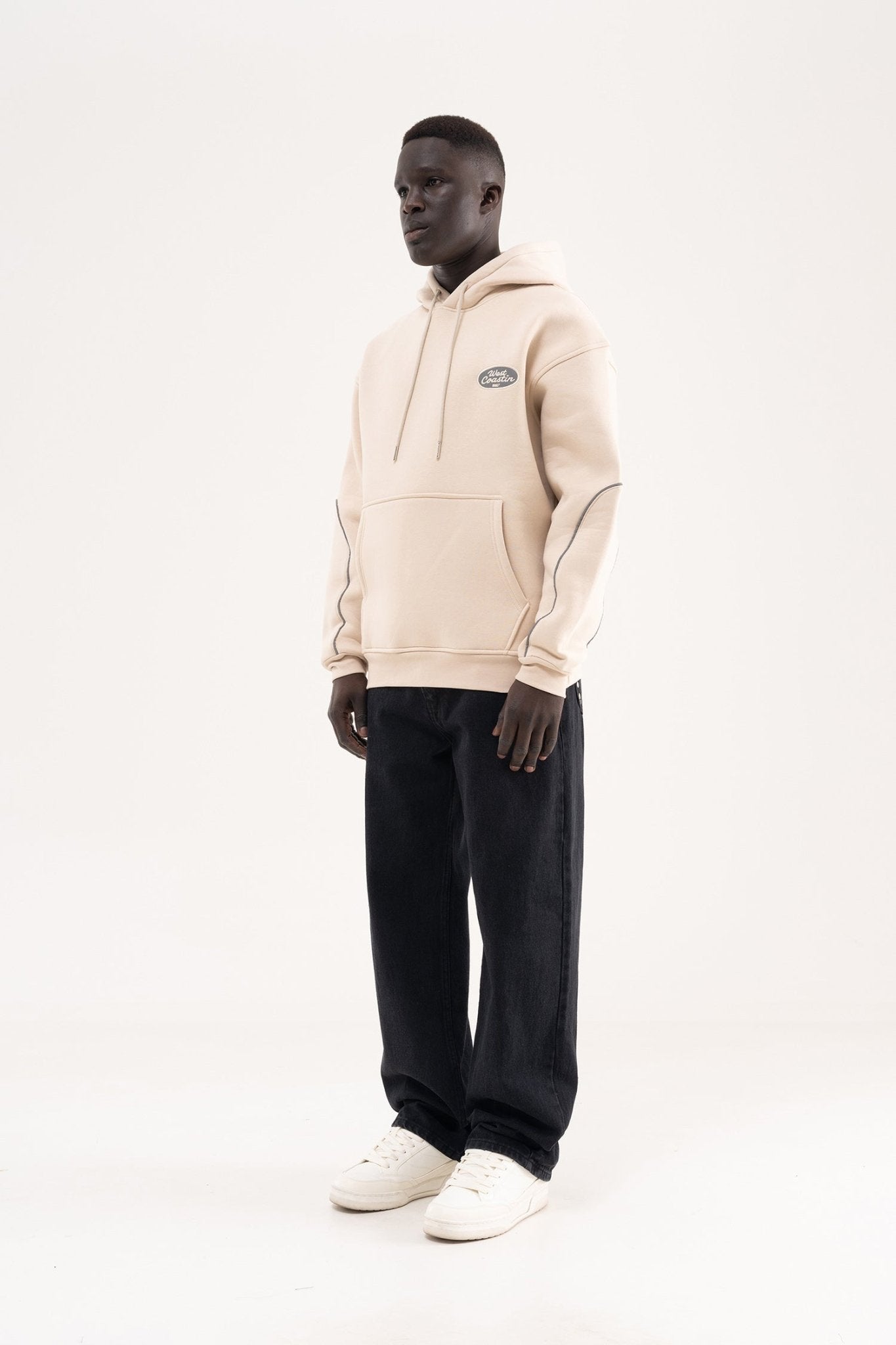 Erkek Reflektör Detaylı Kapüşonlu Sweatshirt Açık Bej