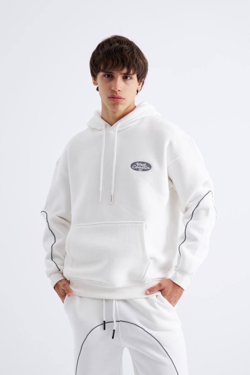 Erkek Reflektör Detaylı Kapüşonlu Sweatshirt Ekru