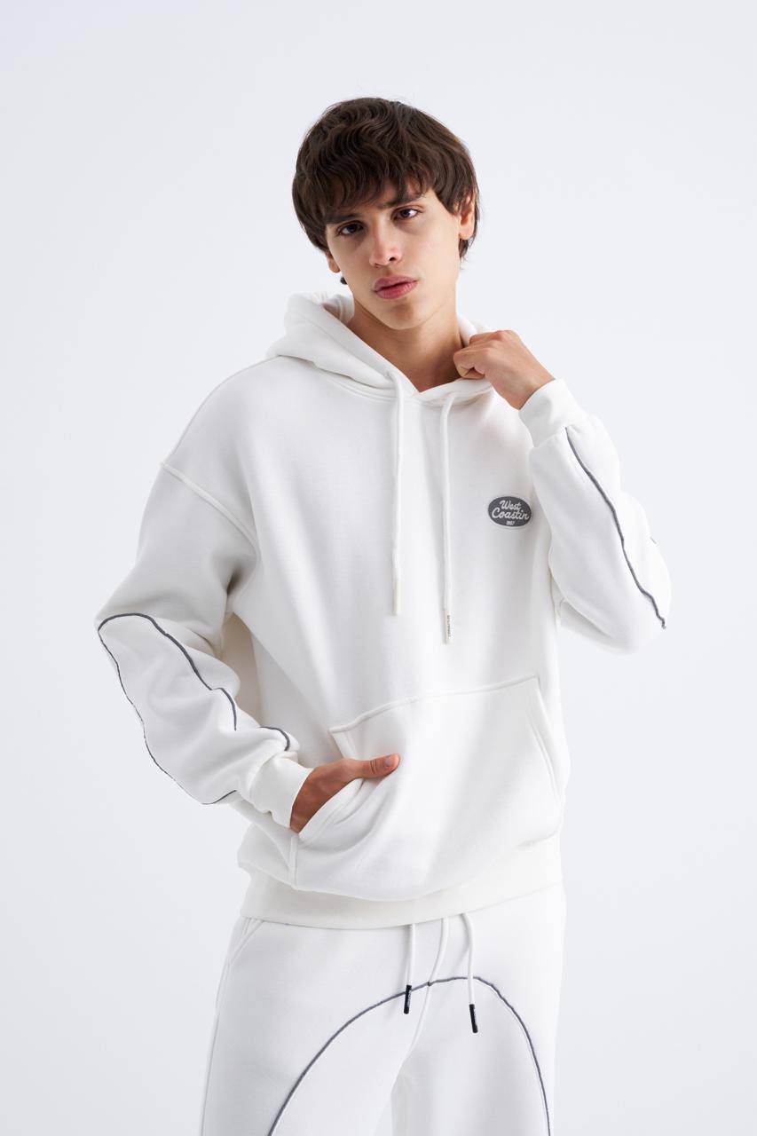 Erkek Reflektör Detaylı Kapüşonlu Sweatshirt Ekru