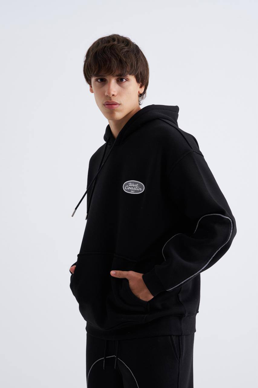 Erkek Reflektör Detaylı Kapüşonlu Sweatshirt Siyah