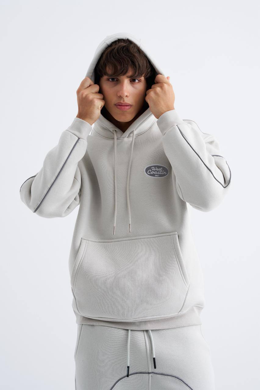 Erkek Reflektör Detaylı Kapüşonlu Sweatshirt Uzay Grisi