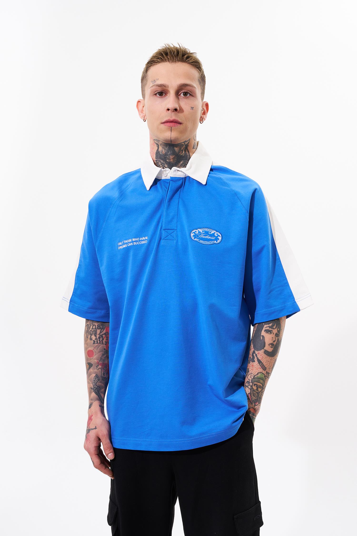 Erkek Reglan Contrast Oversize Polo Yaka Tişört Açık Mavi
