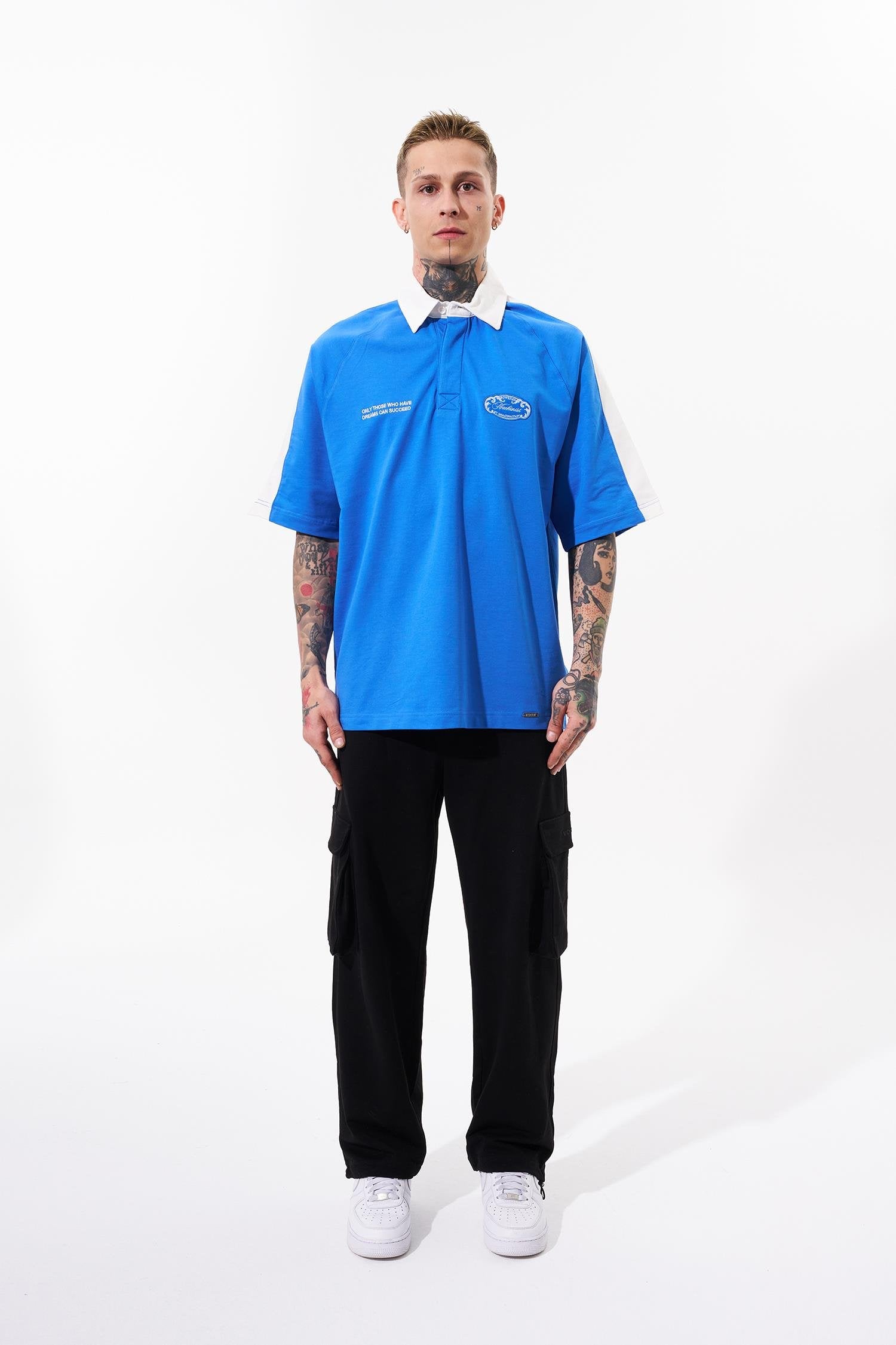 Erkek Reglan Contrast Oversize Polo Yaka Tişört Açık Mavi