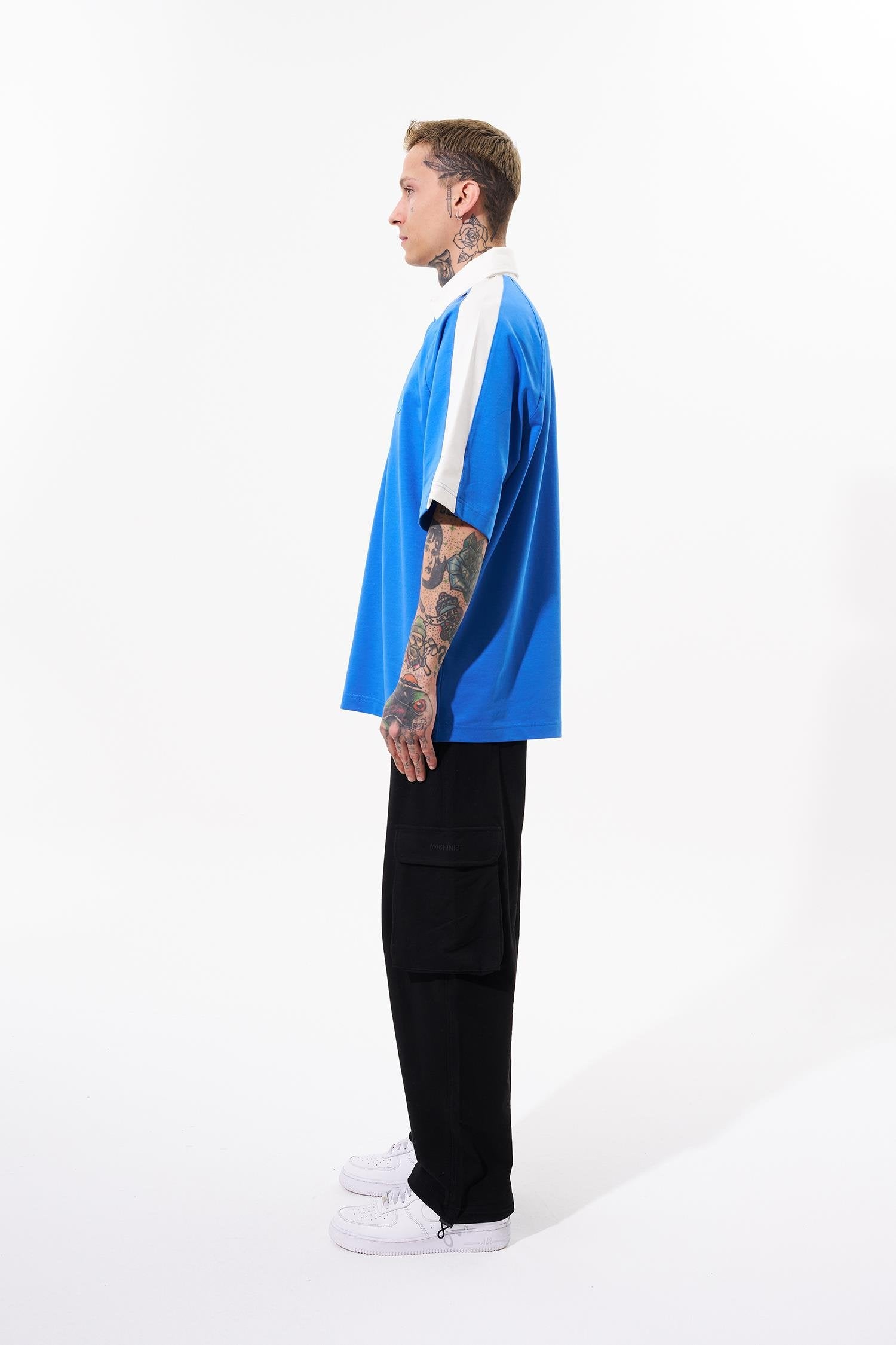 Erkek Reglan Contrast Oversize Polo Yaka Tişört Açık Mavi