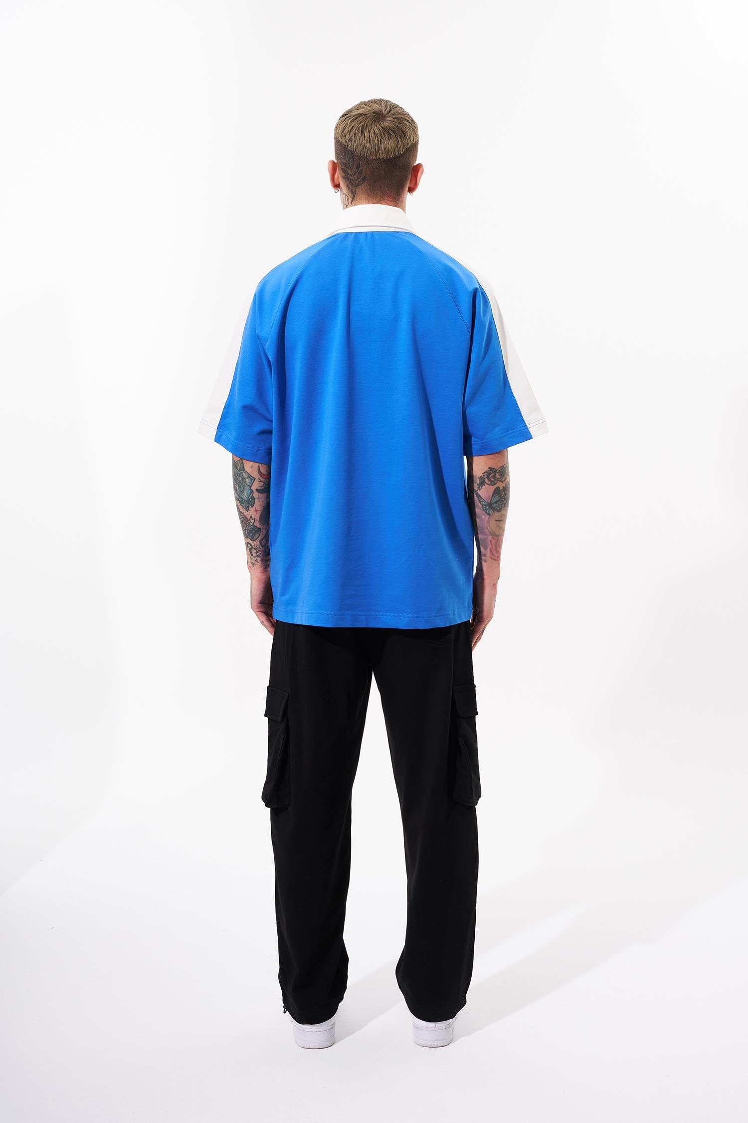 Erkek Reglan Contrast Oversize Polo Yaka Tişört Açık Mavi