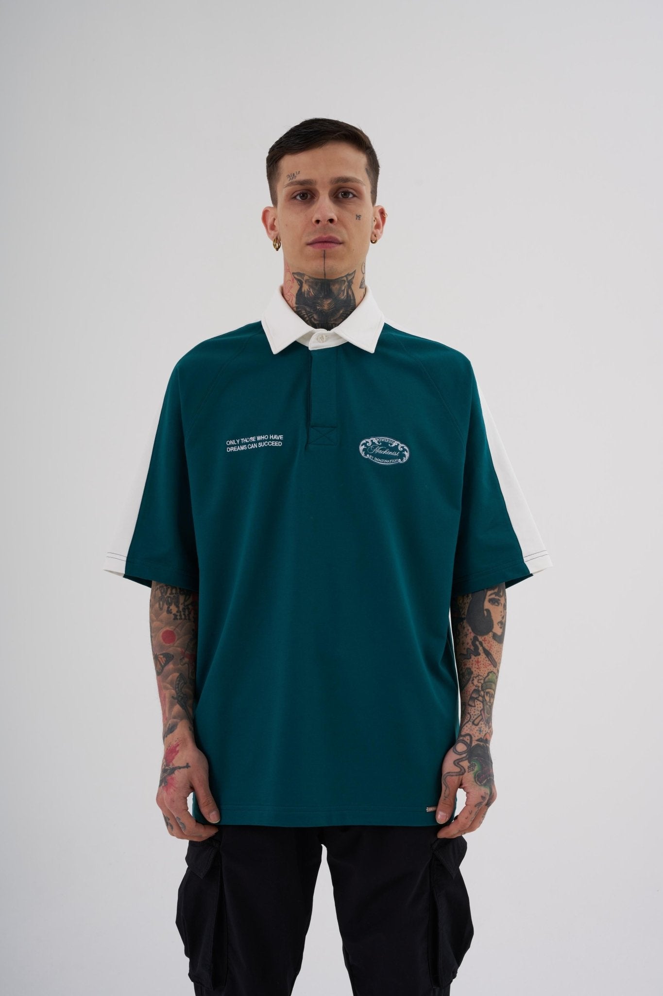 Erkek Reglan Contrast Oversize Polo Yaka Tişört Yağ Yeşili
