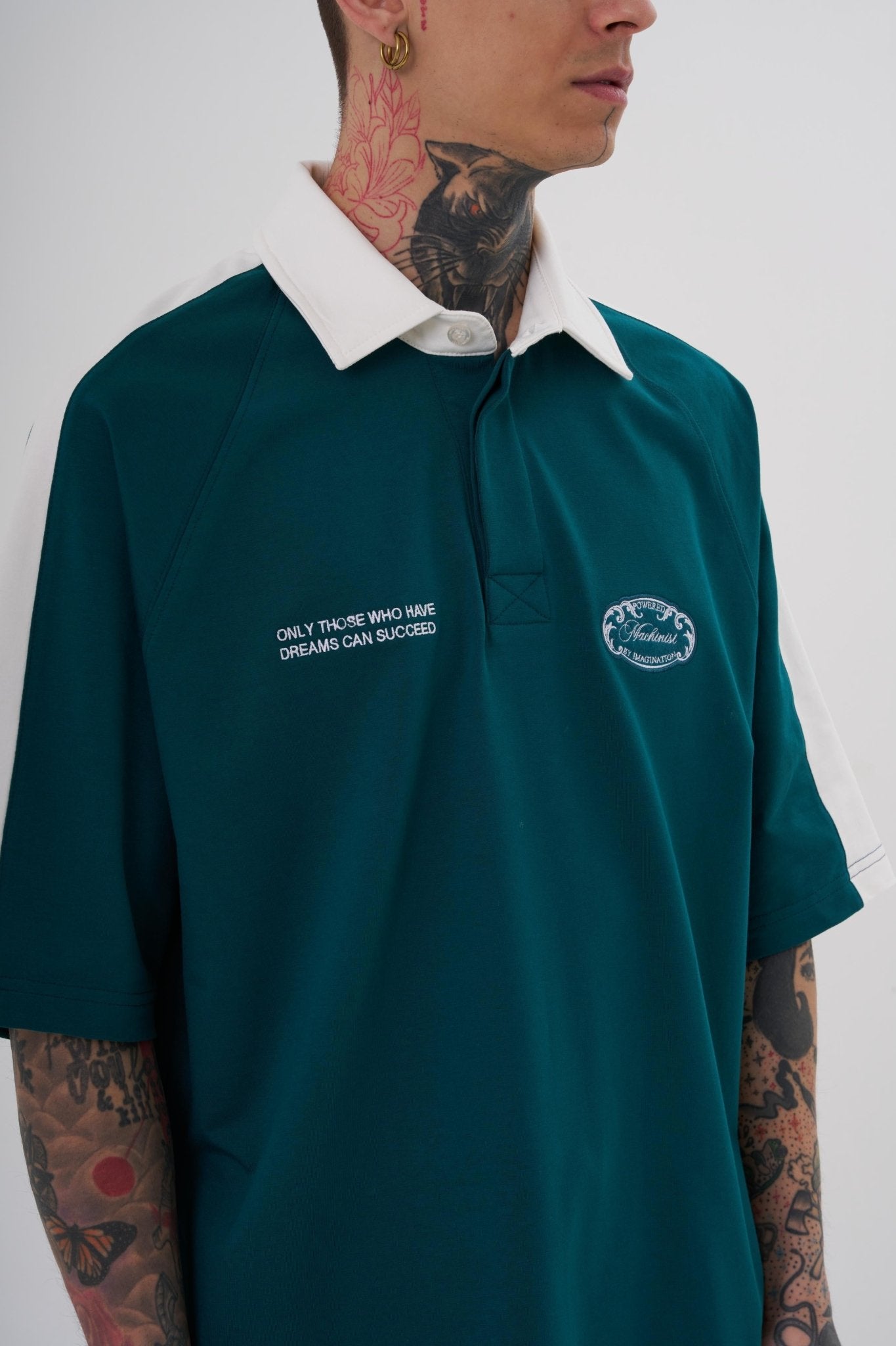 Erkek Reglan Contrast Oversize Polo Yaka Tişört Yağ Yeşili