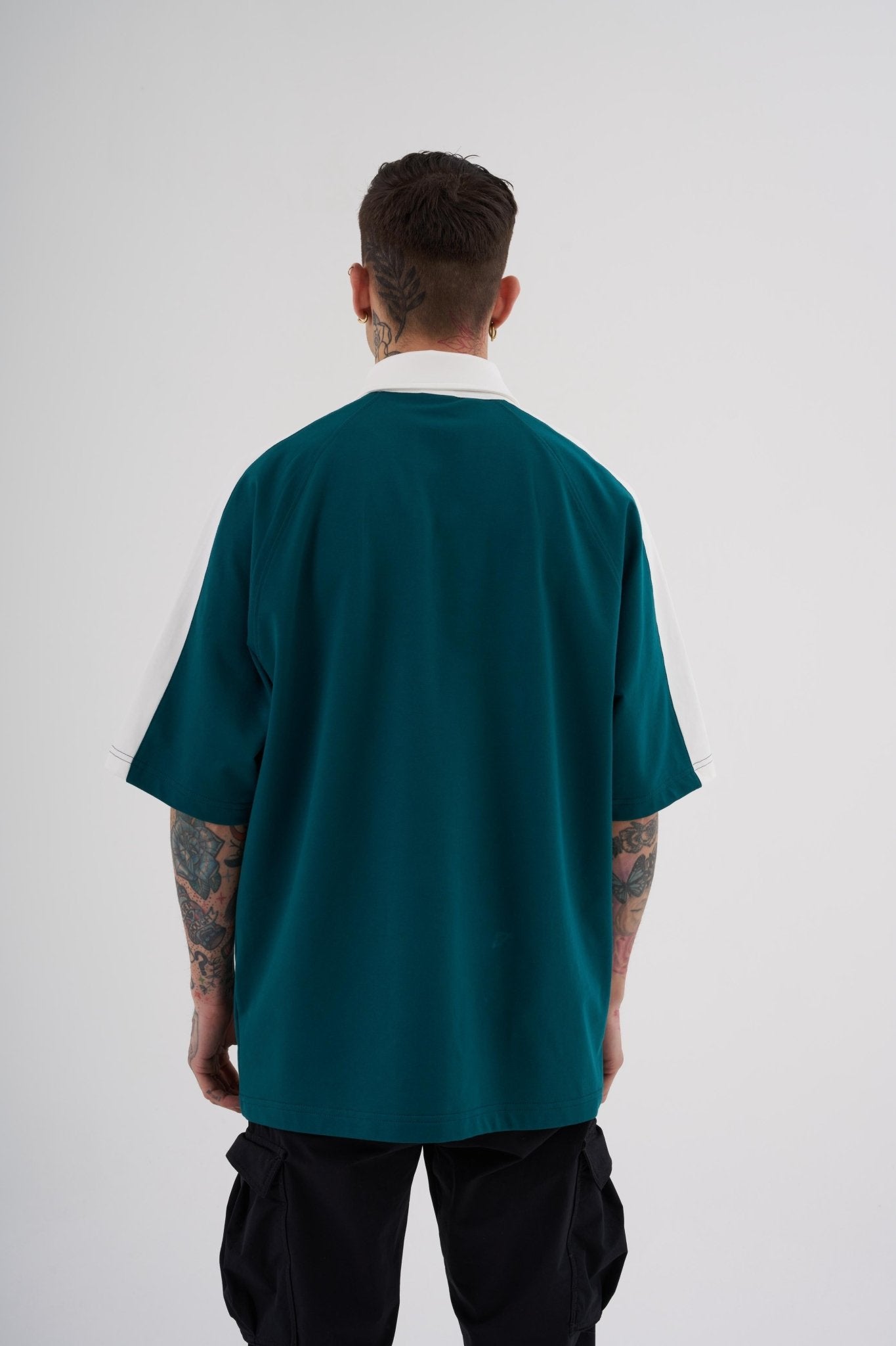 Erkek Reglan Contrast Oversize Polo Yaka Tişört Yağ Yeşili