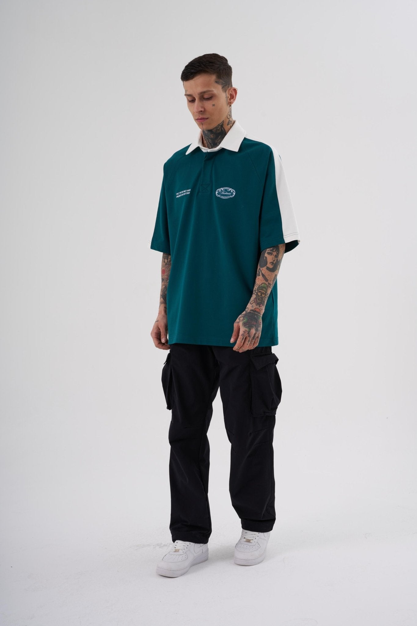 Erkek Reglan Contrast Oversize Polo Yaka Tişört Yağ Yeşili