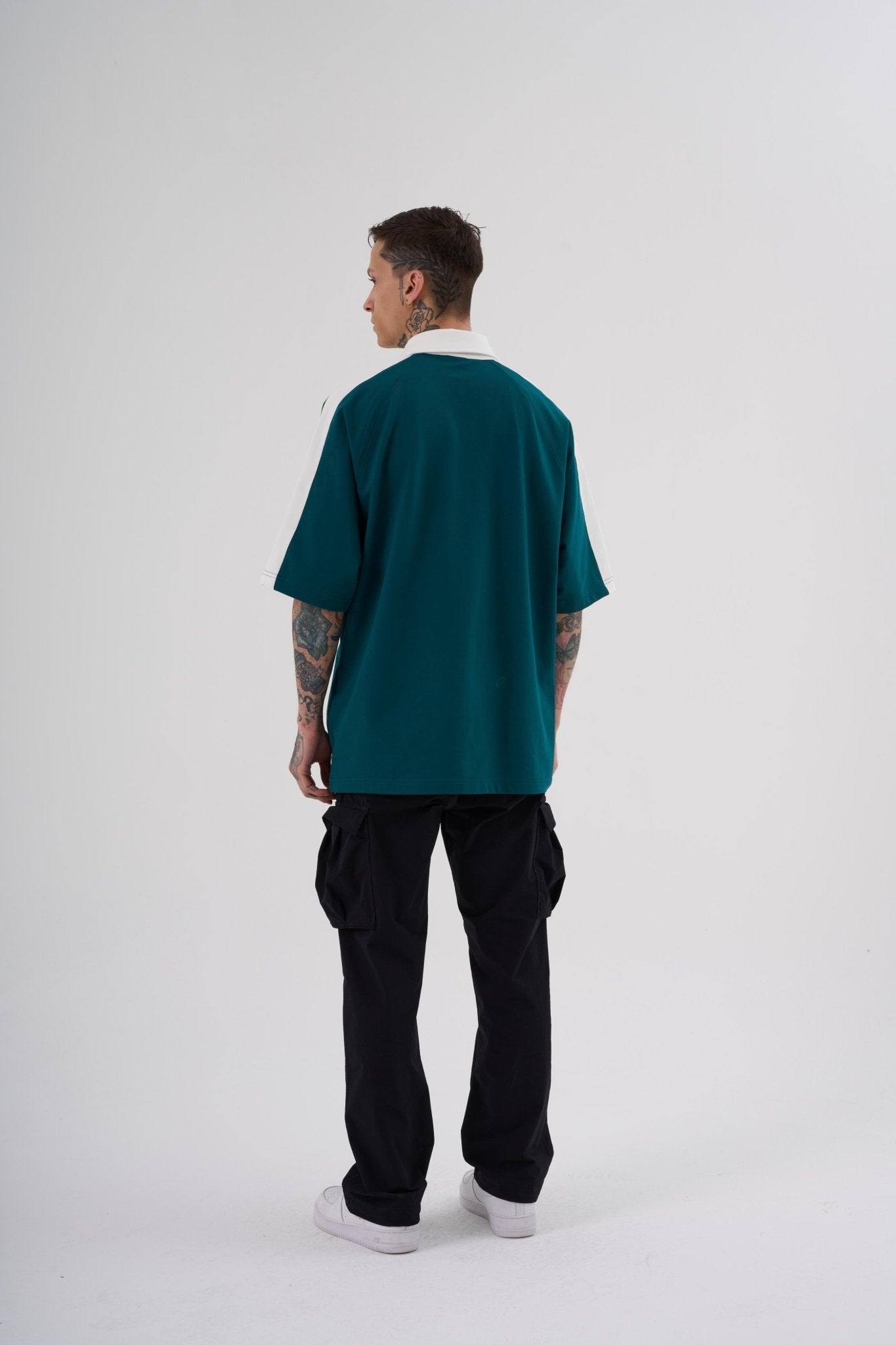 Erkek Reglan Contrast Oversize Polo Yaka Tişört Yağ Yeşili