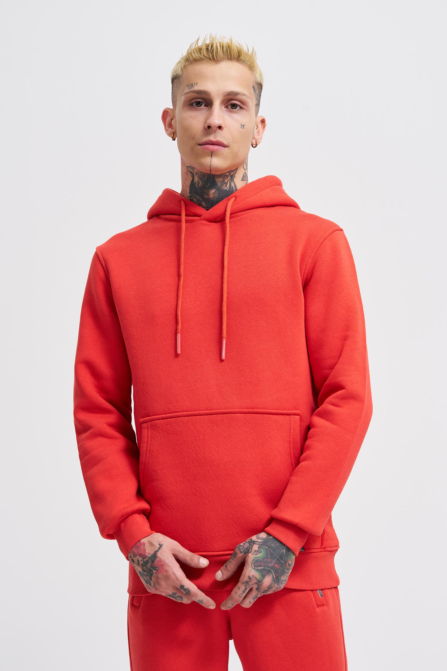 Erkek Regular Basic Kapüşonlu Sweatshirt Açık Kırmızı