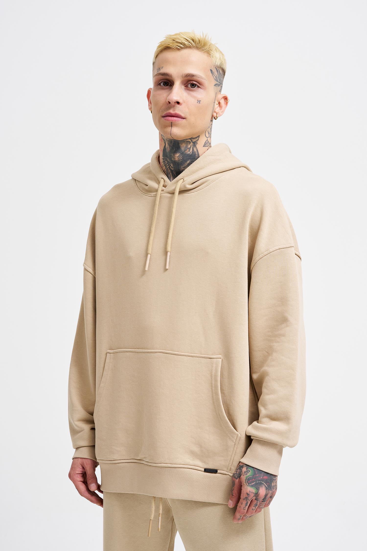 Erkek Regular Basic Kapüşonlu Sweatshirt Bej