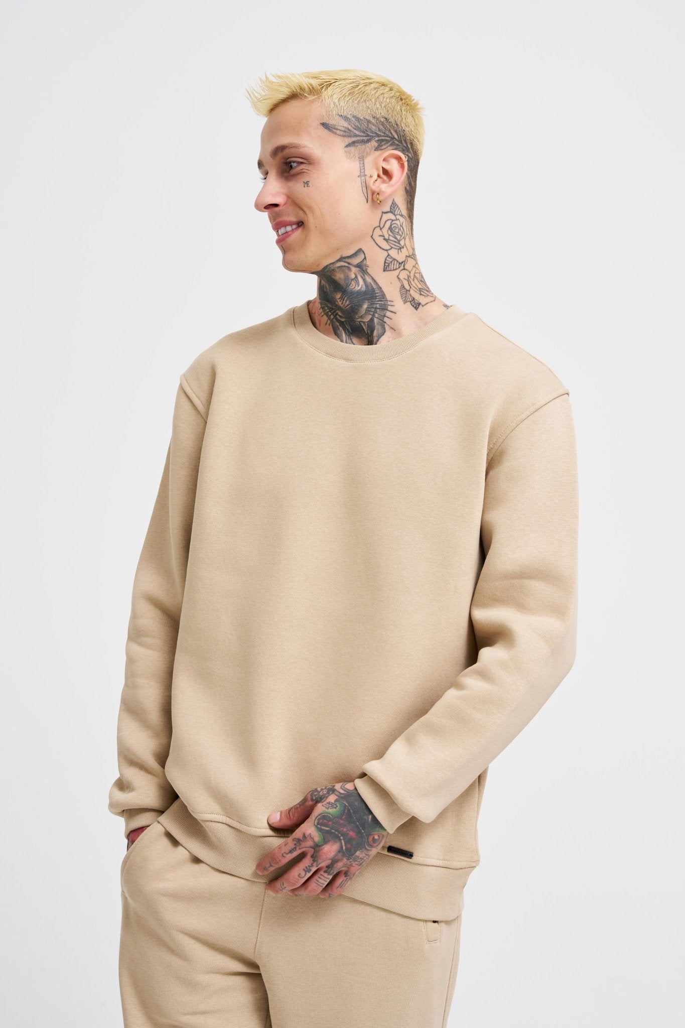 Erkek Regular Bisiklet Yaka Basic Sweatshirt Bej