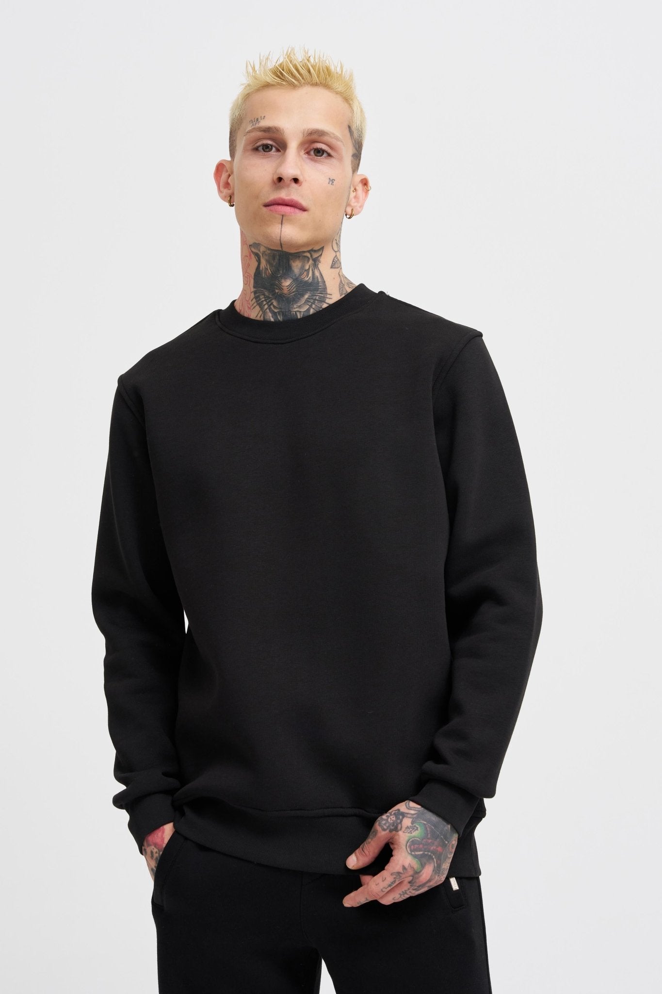 Erkek Regular Bisiklet Yaka Basic Sweatshirt Siyah