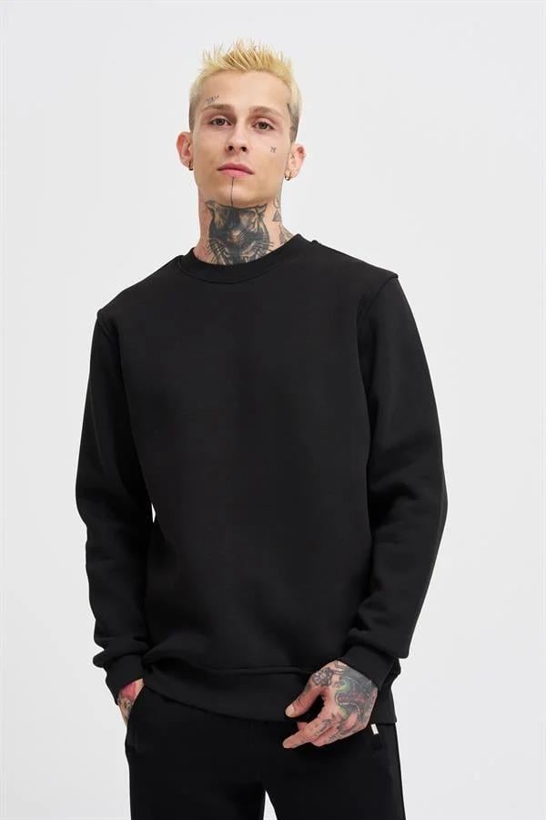 Erkek Regular Bisiklet Yaka Basic Sweatshirt Siyah