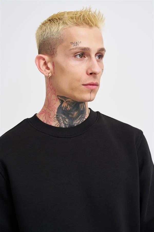 Erkek Regular Bisiklet Yaka Basic Sweatshirt Siyah