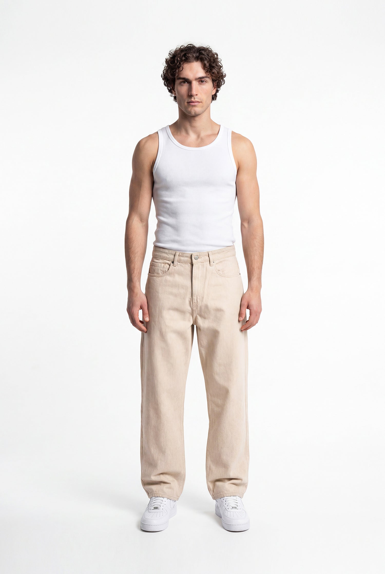Erkek Relaxed Baggy Jean Pantolon Açık Bej