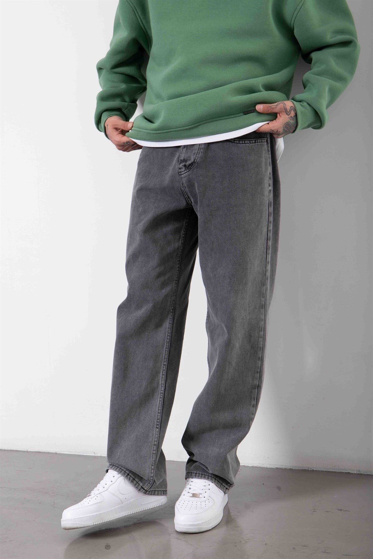 Erkek Relaxed Baggy Jean Pantolon Asit Antrasit