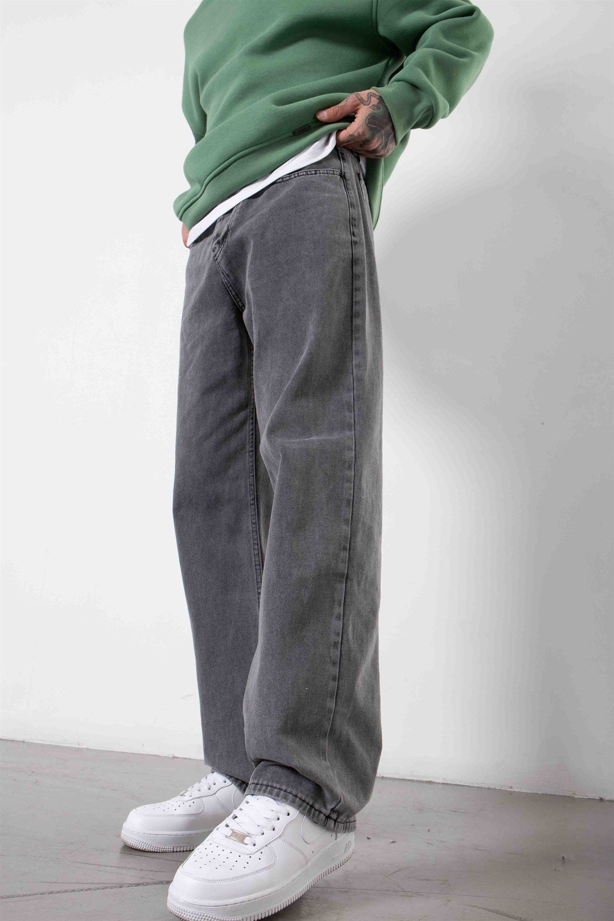 Erkek Relaxed Baggy Jean Pantolon Asit Antrasit