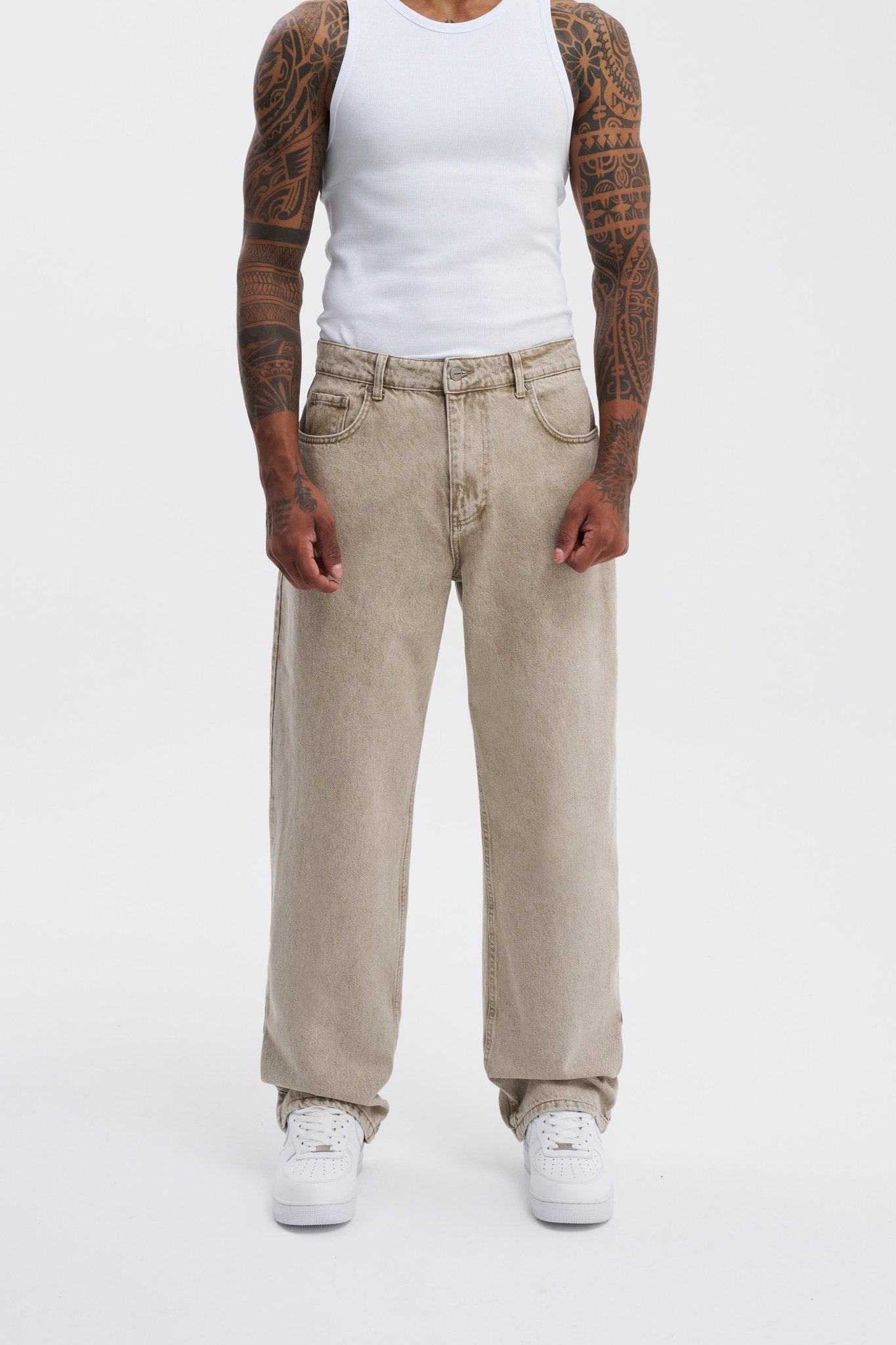 Erkek Relaxed Baggy Jean Pantolon Bej