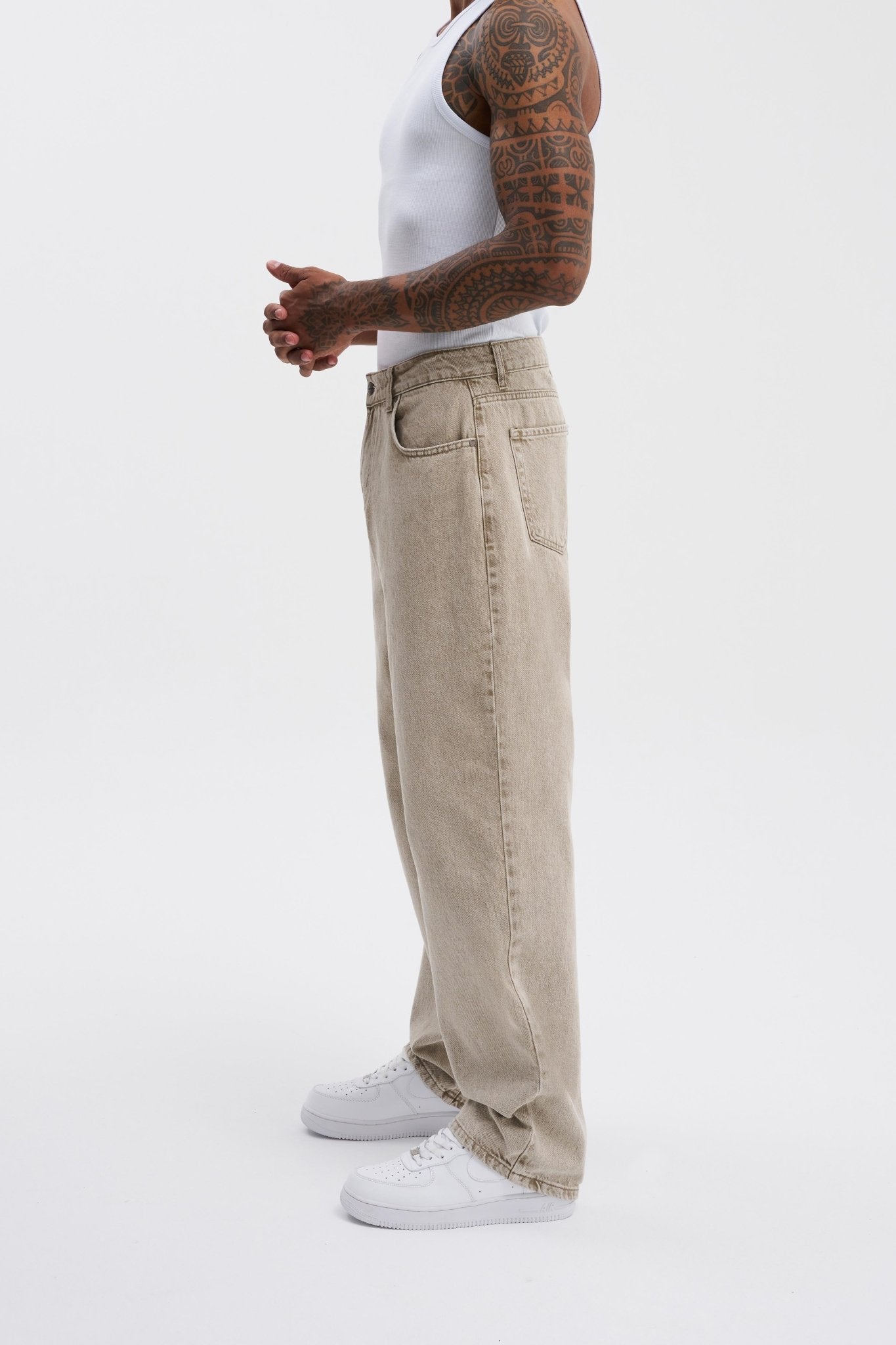 Erkek Relaxed Baggy Jean Pantolon Bej