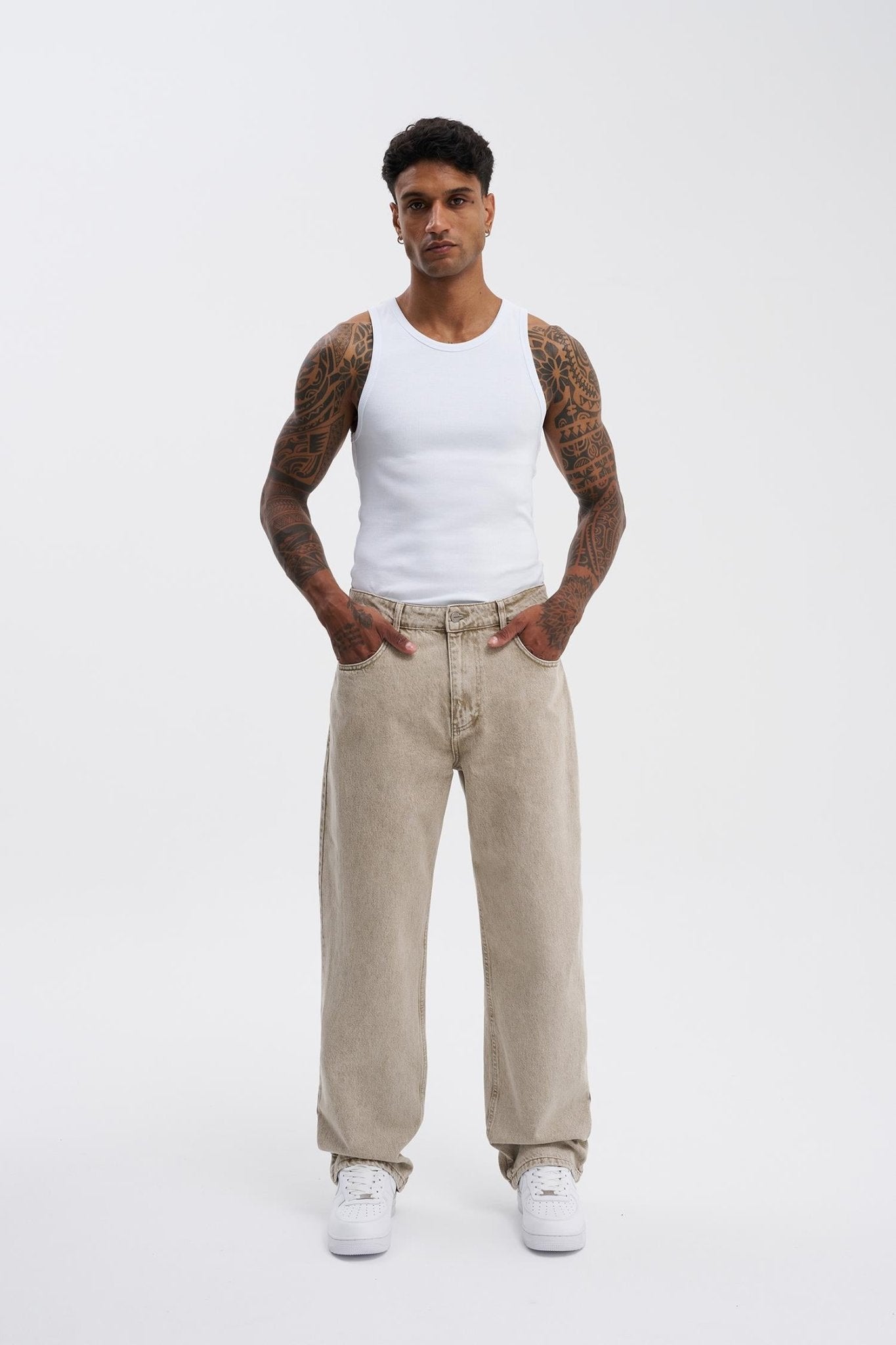 Erkek Relaxed Baggy Jean Pantolon Bej