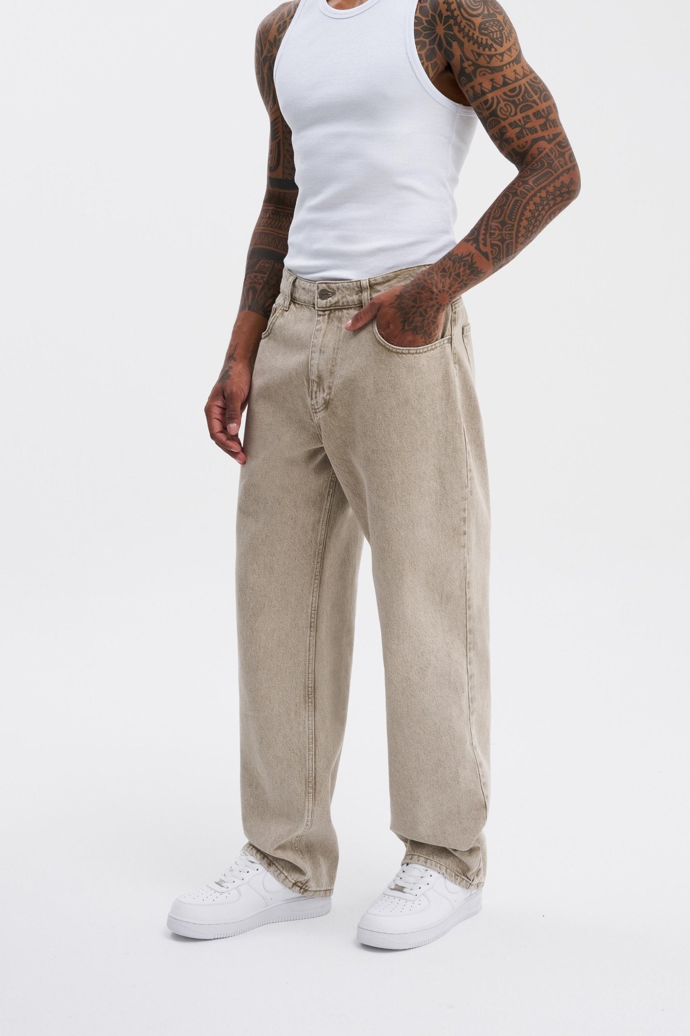 Erkek Relaxed Baggy Jean Pantolon Bej