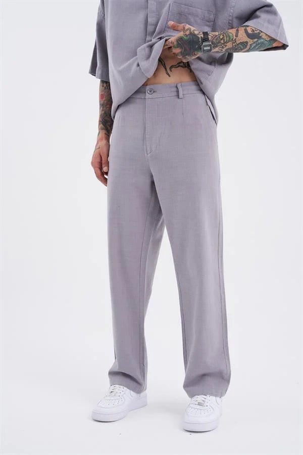 Erkek Relaxed Keten Pantolon Gri