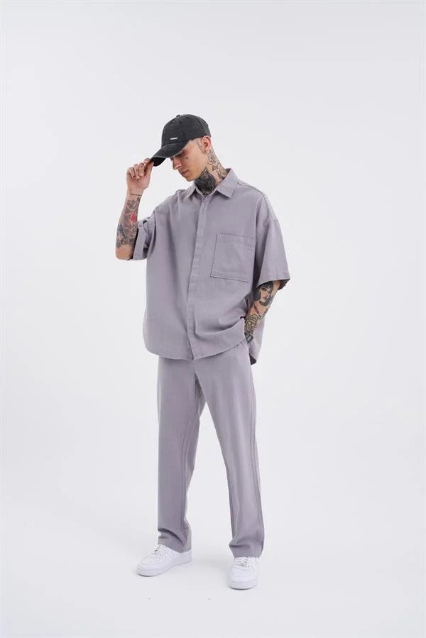 Erkek Relaxed Keten Pantolon Gri