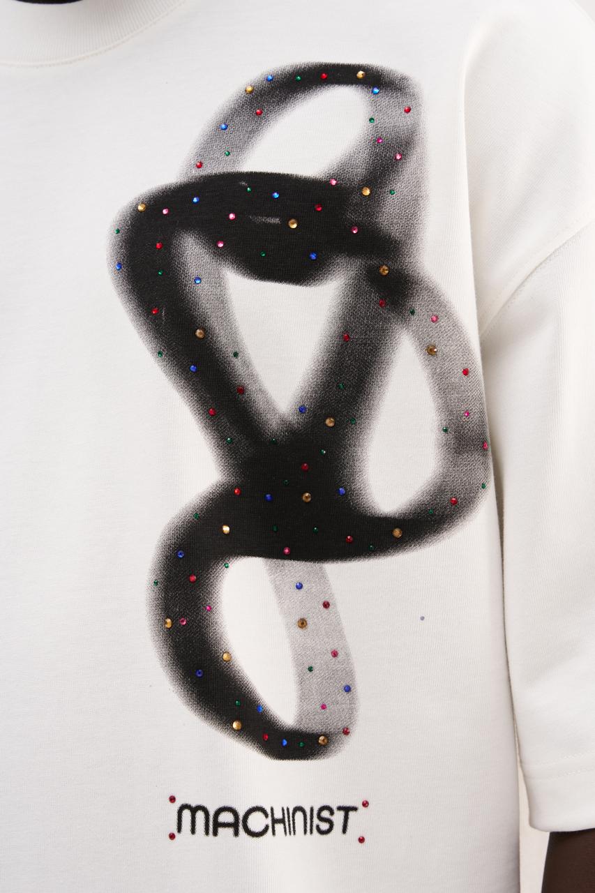 Erkek Rhinestone and Abstract Printed Oversize Tişört Ekru