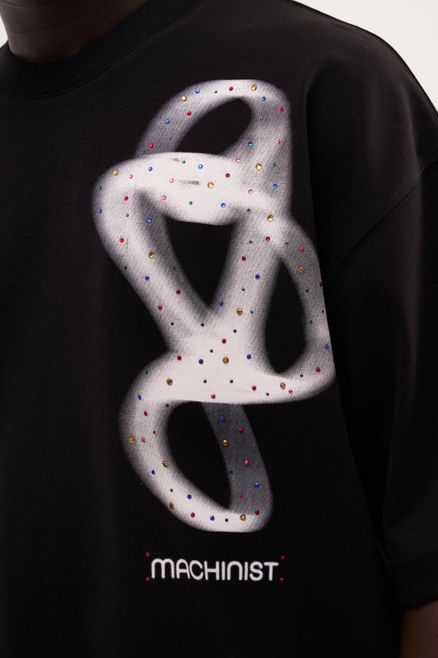 Erkek Rhinestone and Abstract Printed Oversize Tişört Siyah