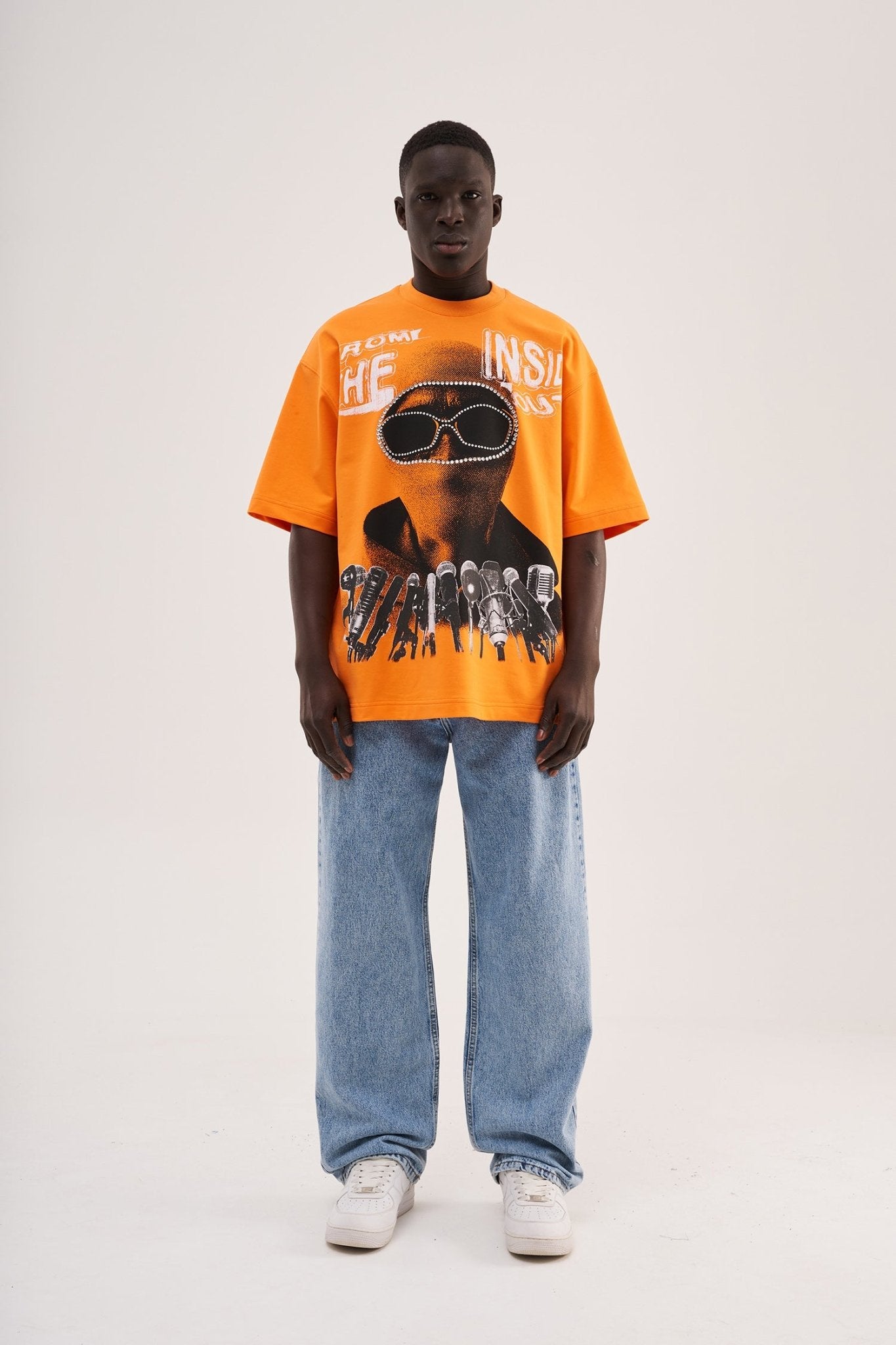 Erkek Rhinestone and Printed Oversize Tişört Elektrik - Turuncu