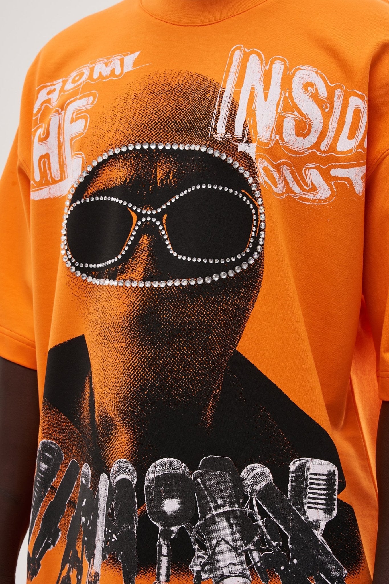 Erkek Rhinestone and Printed Oversize Tişört Elektrik - Turuncu