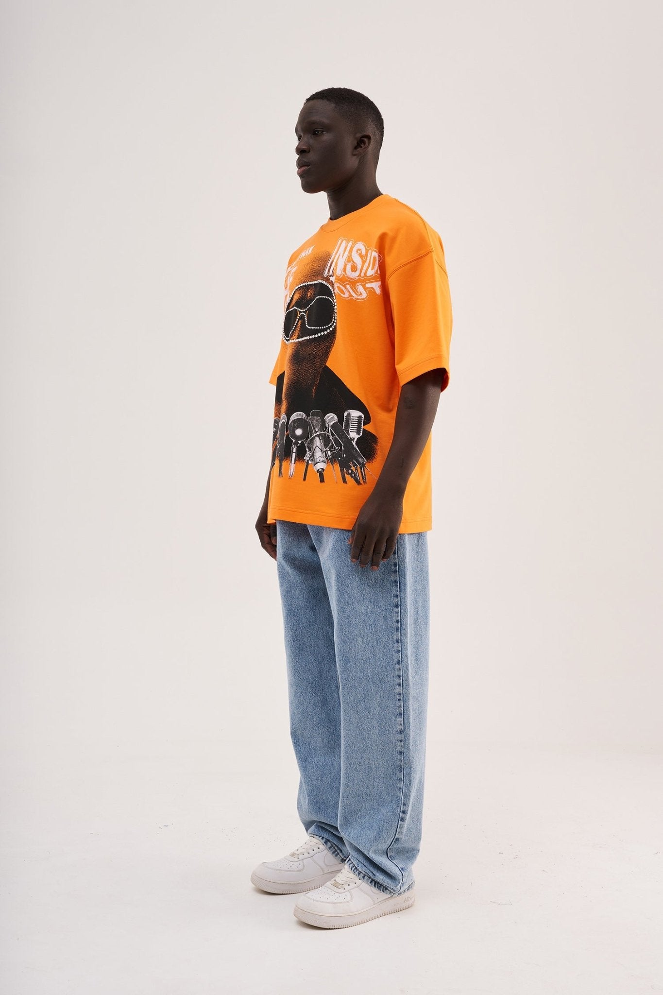 Erkek Rhinestone and Printed Oversize Tişört Elektrik - Turuncu