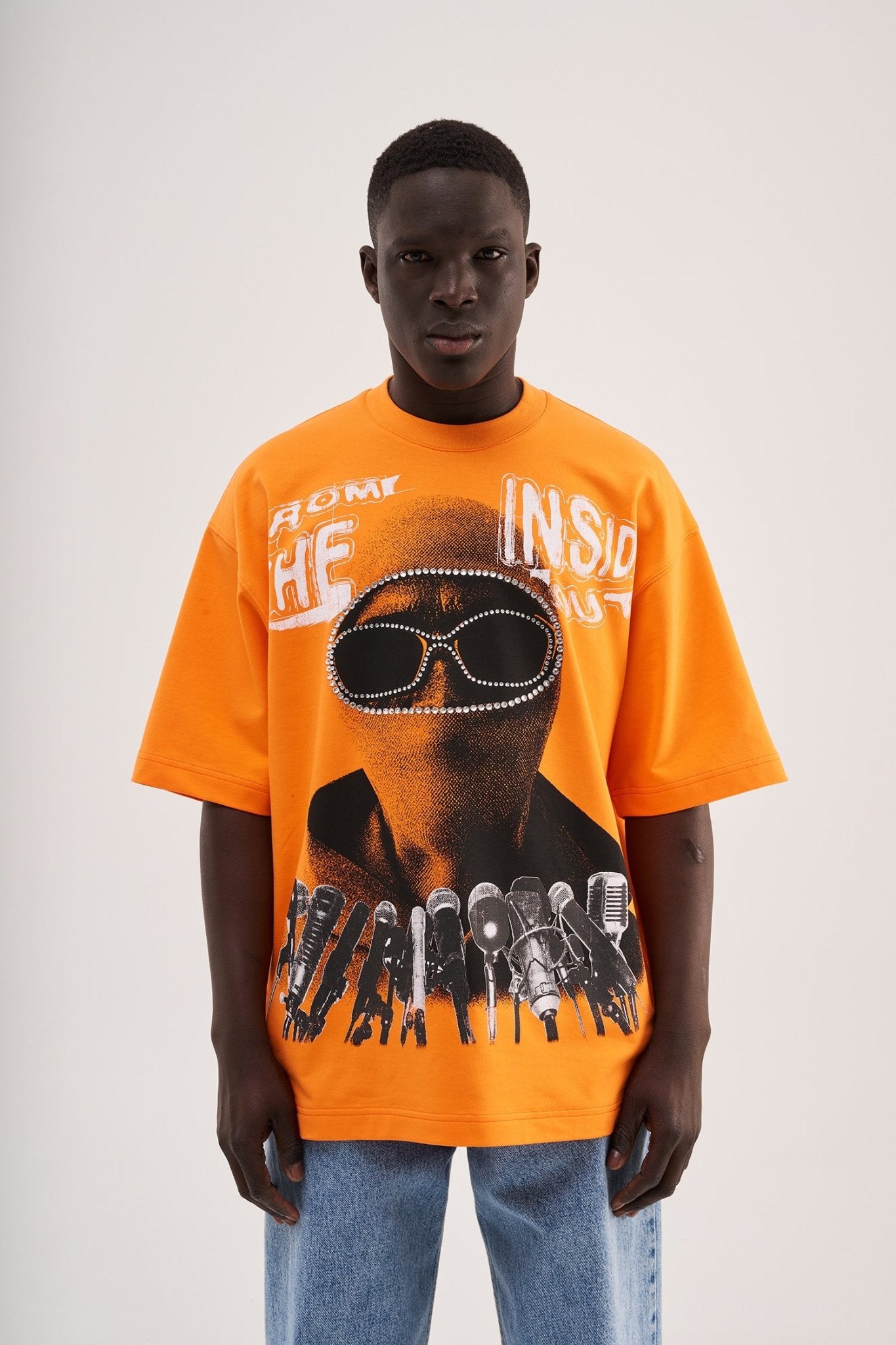 Erkek Rhinestone and Printed Oversize Tişört Elektrik - Turuncu